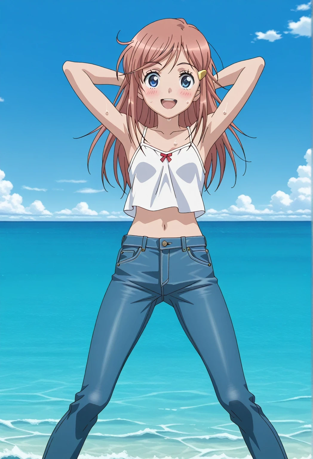 score_9, score_8_up, score_7_up, source_anime, highres, hi res, ((best quality, top quality, perfect quality, Highest Quality, amazing quality)), {{masterpiece}}, {{an extremely delicate and beautiful}}, 2d, intricate details, official style, anime, 8k, anime style, official_anime, official art, digital painting, cell shading, soft shading, high resolution, soothing tones, Subdued Color, Soft cinematic light, adobe lightroom, photolab, HDR, intricately and hyper-detailed, ((high quality animation)), 1 girl, Alone, solo, ((ocean)), tsunami, on the water, day, sunny, outdoors, sky, windy, kato_marika, brown hair, long hair, blue eyes, ((single golden hair ornament)), anime screencap, small breasts, white camisole top, crop top, white crop top, best quality, hyper-detailed jeans, ((blue jeans:1.9)), (dark blue jeans:0.6), full medium body, medium shot, Open mouth, smiling, happy face, blush, sweat, standing, ((arms behind head:6.0)), bowlegged, jumping pose, action, looking at viewer, spread legs, Bend knees slightly, straight-on front view