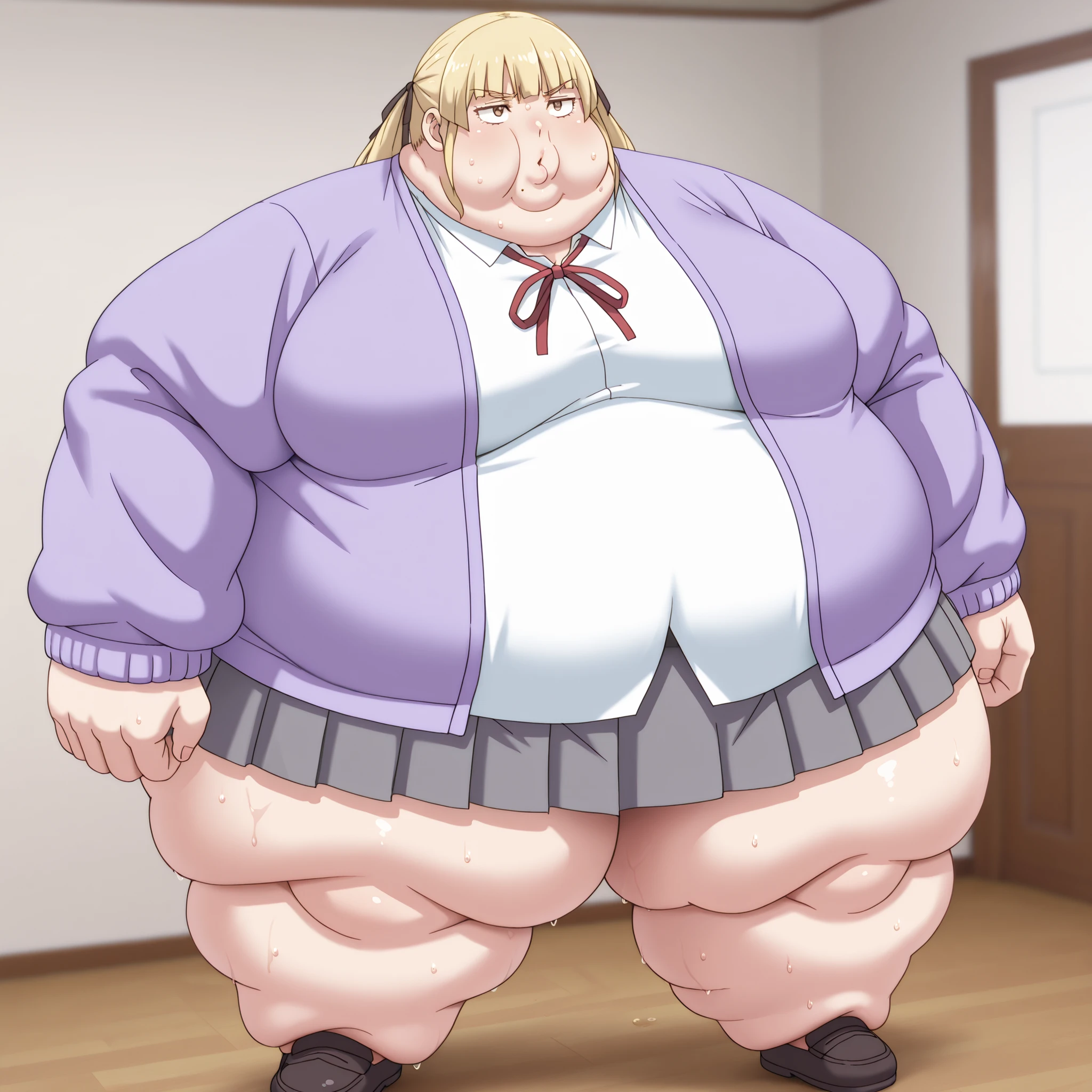 1girl, white shirt, school uniform, brown eyes, skirt, breasts, blonde hair, purple jacket, soaks, shoes, blank_stare, empty_stare, fat, chubby, obese, gigantic arms and legs, large breasts, sweating, wet body, swollen face, Fat_neck , Fat head , eyes with crushed cheeks , nose with crushed cheeks , mouth with crushed cheeks , chin roll,
only head, large head, oversized limbs, large hands, large feet, oversized feet, oversized fingers, big lips, plump lips, fat face, fupa, big fupa, fat fupa,