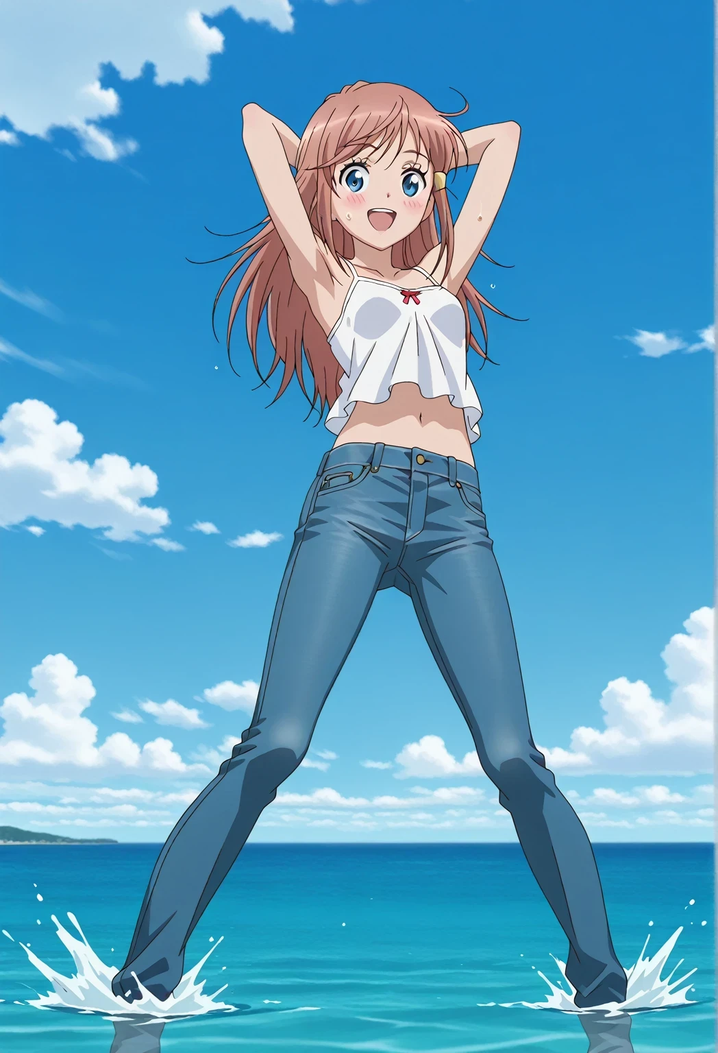 score_9, score_8_up, score_7_up, source_anime, highres, hi res, ((best quality, top quality, perfect quality, Highest Quality, amazing quality)), {{masterpiece}}, {{an extremely delicate and beautiful}}, 2d, intricate details, official style, anime, 8k, anime style, official_anime, official art, digital painting, cell shading, soft shading, high resolution, soothing tones, Subdued Color, Soft cinematic light, adobe lightroom, photolab, HDR, intricately and hyper-detailed, ((high quality animation)), 1 girl, Alone, solo, ((ocean)), tsunami, on the water, day, sunny, outdoors, sky, windy, kato_marika, brown hair, long hair, blue eyes, ((single golden hair ornament)), anime screencap, small breasts, white camisole top, crop top, white crop top, best quality, hyper-detailed jeans, ((blue jeans:1.9)), (dark blue jeans:0.6), full medium body, medium shot, Open mouth, smiling, happy face, blush, sweat, standing, ((arms behind head:6.0)), bowlegged, jumping pose, action, looking at viewer, spread legs, Bend knees slightly, straight-on front view