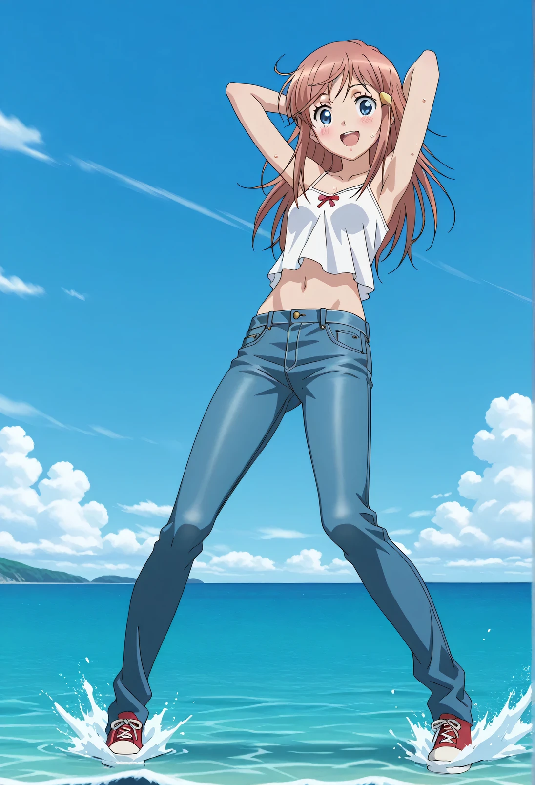 score_9, score_8_up, score_7_up, source_anime, highres, hi res, ((best quality, top quality, perfect quality, Highest Quality, amazing quality)), {{masterpiece}}, {{an extremely delicate and beautiful}}, 2d, intricate details, official style, anime, 8k, anime style, official_anime, official art, digital painting, cell shading, soft shading, high resolution, soothing tones, Subdued Color, Soft cinematic light, adobe lightroom, photolab, HDR, intricately and hyper-detailed, ((high quality animation)), 1 girl, Alone, solo, ((ocean)), tsunami, on the water, day, sunny, outdoors, sky, windy, kato_marika, brown hair, long hair, blue eyes, ((single golden hair ornament)), anime screencap, small breasts, white camisole top, crop top, white crop top, best quality, hyper-detailed jeans, ((blue jeans:1.9)), (dark blue jeans:0.6), full medium body, medium shot, Open mouth, smiling, happy face, blush, sweat, standing, ((arms behind head:6.0)), bowlegged, jumping pose, action, looking at viewer, spread legs, Bend knees slightly, straight-on front view