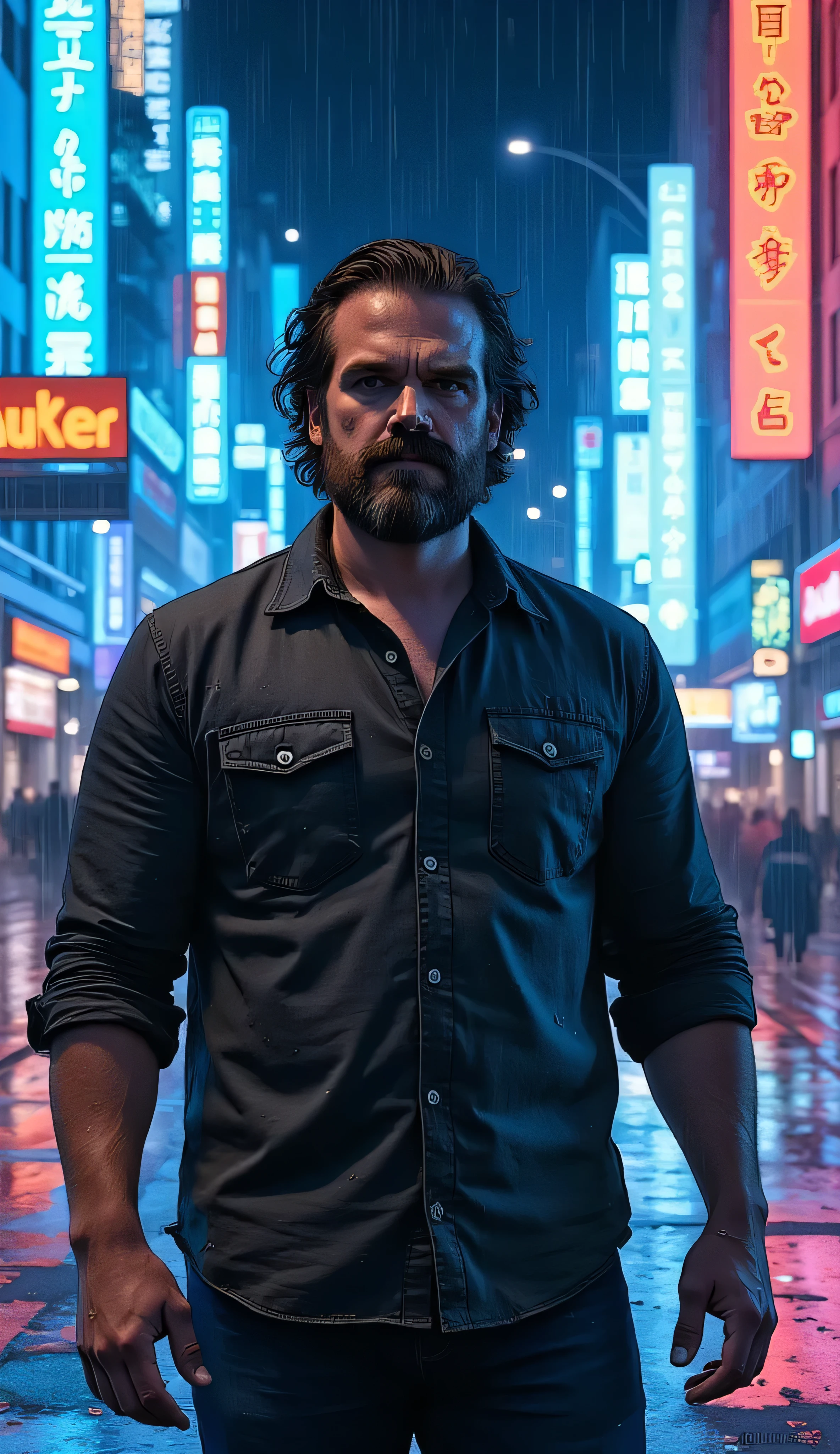 David Harbour as Bigby Wolf, rugged broad-shouldered man, stands, rainy neon-lit city street, at night, medium-length hair, rough beard, few scars on his face, wolf fangs, soaked shirt clings to his muscular frame, sleeves rolled up, collar open, dark trousers slightly wet from the rain, city glows, colorful reflections, blue, pink, orange, lights, signs, wet pavement, cinematic and moody, noir and cyberpunk elements, semi-realistic art style, painterly, comic books, modern graphic novels, dramatic lighting, detailed linework, realistic rain effects