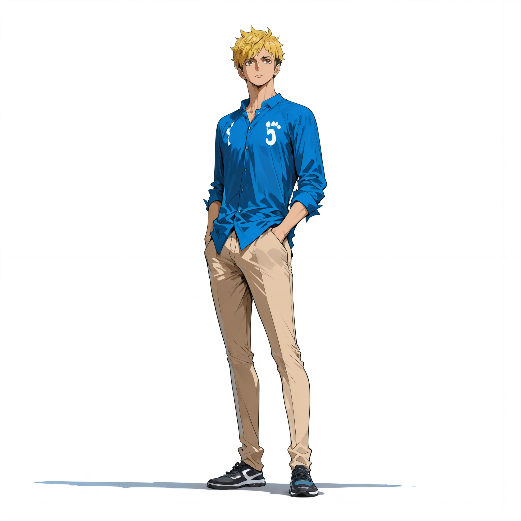(male), (man), (fit body), (dark skin), (Caesar hairstyle , blonde hair), (brown eyes), (solo), (single character), (full body version), (white background), (no background), (highly detailed), (shadow), (standing pose with one hand in pocket), (natural light), (detailed outfit), (detailed face), (detailed hair)
Wearing a stylish casual-rich outfit: blue button-up shirt half tucked, tailored beige trousers, (one piece style art)