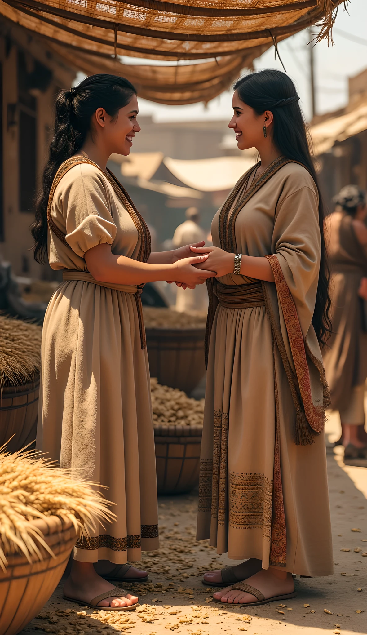 "Create a hyper-realistic digital artwork set in the Bronze Age, depicting a vibrant market scene in the afternoon. Focus on two Persian women: one is a seller and the other a customer, both displaying happiness. The seller wears a primitive long linen cloak, while the customer is dressed in a full wool kimono that envelops her body. Include dozens of wheat grains in a woven basket, showcasing intricate details and textures. Use a cinematic wide-angle perspective with a depth of field that highlights the characters and the market's lively atmosphere. Ensure the composition follows the rule of thirds, with optimal lighting and a high dynamic range (HDR) effect. Aim for an 8K resolution, photorealistic quality, and a dynamic image composition that captures the essence of prehistoric life. Utilize techniques such as octane rendering and a 50mm lens shot for realism. The final artwork should reflect a National Geographic style, emphasizing the beauty and richness of the scene."