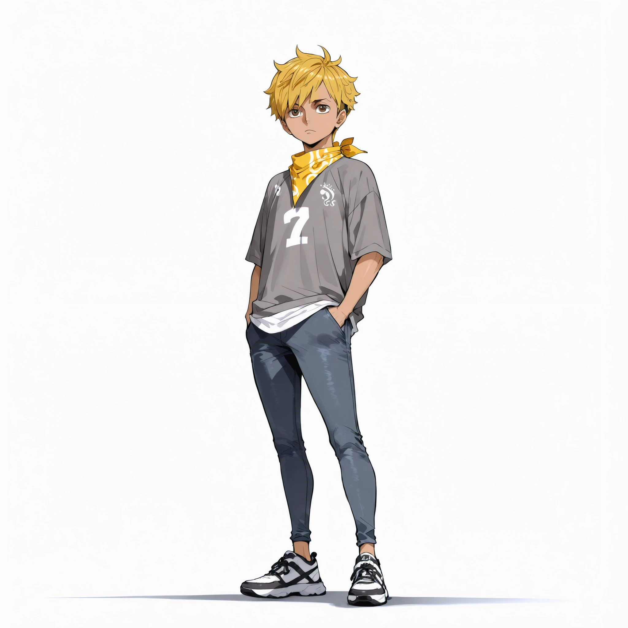 (male), (child)), (fit body), (dark skin), (Caesar hairstyle , blonde hair), (brown eyes), (solo), (single character), (full body version), (white background), (no background), (highly detailed), (shadow), (standing pose with one hand in pocket), (natural light), (detailed outfit), (detailed face), (detailed hair), bandana on neck,
Wearing a stylish casual-rich outfit: grey button-up shirt half tucked, short jeans, (one piece style art)