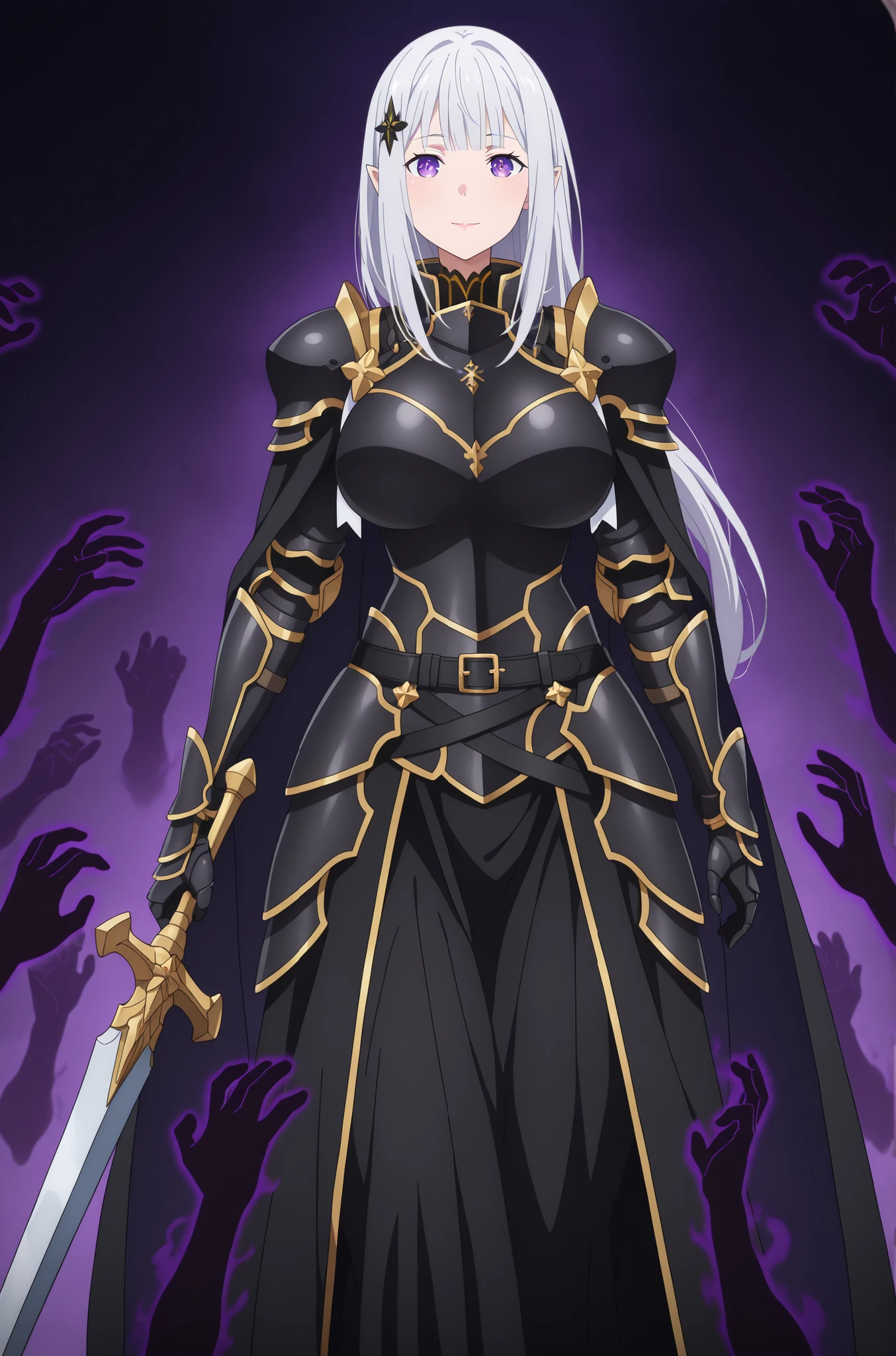 newest , masterpiece , anime screencap , anime coloring , adult ReZero, Solo, long dress, Satella, Anime, 1girl, Mature Female, pointy ears, hair ornament, silver hair, long hair, closed mouth, light smile, lips, purple eyes, big breasts, view detailed body, Curvy, glamorous bodies, attractive bodies,((knight, armored dress, black cape, black armor, pauldrons, gauntlets, black gloves, black belt, faulds, long skirt, black skirt,)), (((Sexy,))) big sword, holding weapon, shadow hands, dark aura,