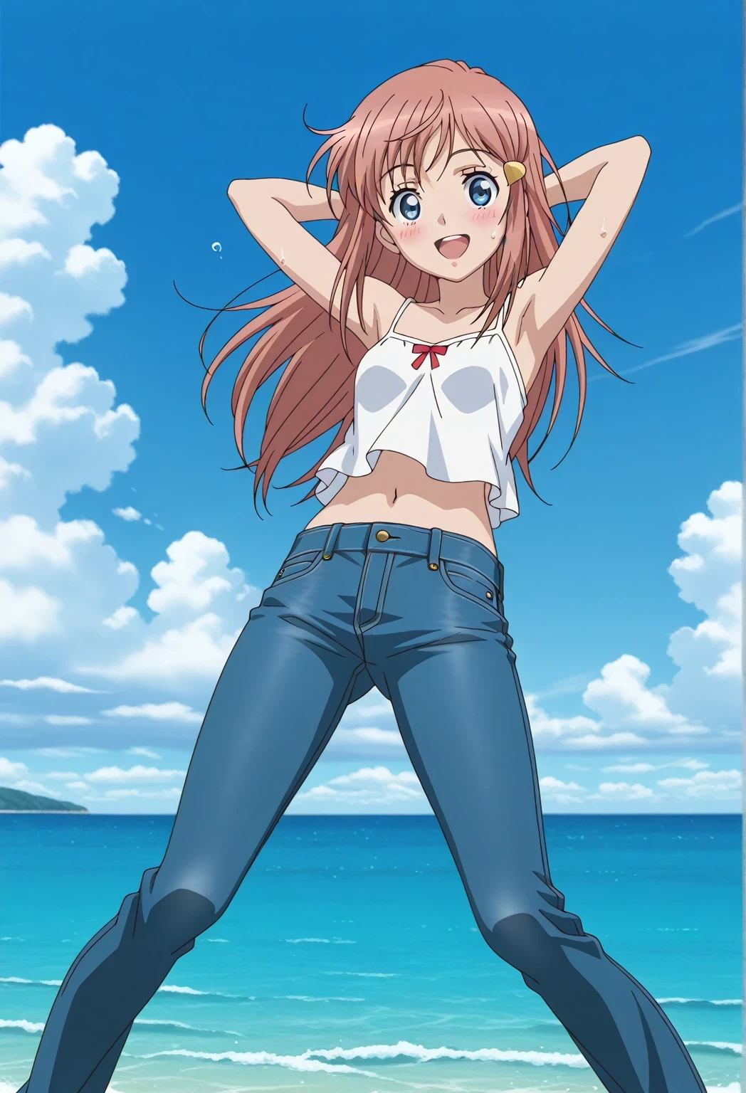 score_9, score_8_up, score_7_up, source_anime, highres, hi res, ((best quality, top quality, perfect quality, Highest Quality, amazing quality)), {{masterpiece}}, {{an extremely delicate and beautiful}}, 2d, intricate details, official style, anime, 8k, anime style, official_anime, official art, digital painting, cell shading, soft shading, high resolution, soothing tones, Subdued Color, Soft cinematic light, adobe lightroom, photolab, HDR, intricately and hyper-detailed, ((high quality animation)), 1 girl, Alone, solo, ((ocean)), tsunami, on the water, day, sunny, outdoors, sky, windy, kato_marika, brown hair, long hair, blue eyes, ((single golden hair ornament)), anime screencap, small breasts, white camisole top, crop top, white crop top, best quality, hyper-detailed jeans, ((blue jeans:1.9)), (dark blue jeans:0.6), full medium body, medium shot, Open mouth, smiling, happy face, blush, sweat, standing, ((arms behind head:6.0)), bowlegged, jumping pose, action, looking at viewer, spread legs, Bend knees slightly, straight-on front view