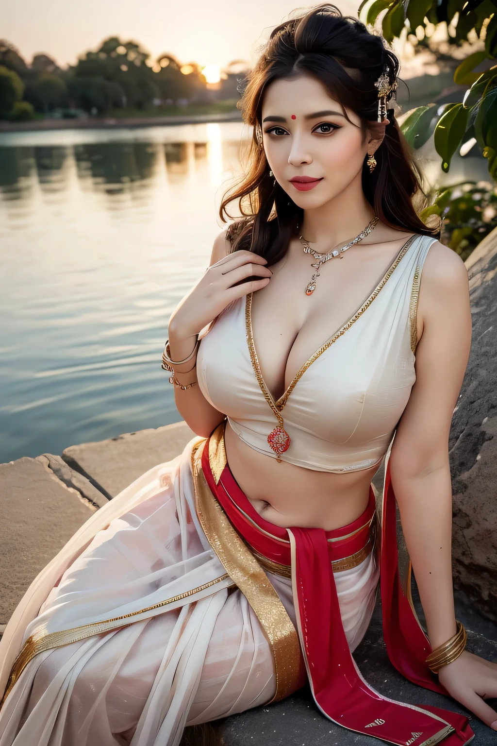 A celestial Apsara reimagined as a divine Indian housewife from Hindu mythology, ethereal desi face, sharp graceful structure, enchanting cute face, chubby bulky hourglass figure, full heavy breasts, realistic otherworldly heavenly beauty face, sitting gracefully by serene lakeside at twilight, perched on stone edge with gentle waves nearby, surrounded by blooming lotuses in water, show full body, studio lighting, professional lighting, misty twilight gradient background. Super curvy bulky figure with well-defined curves, subtle cleavage visible, beautiful mature full perfectly shaped real breasts. Photorealistic, hyperrealistic, ultra-realistic with subtle divine glow, ultra 4k, 8k. Detailed face, proper upper lips symmetrical curvy lips, extremely detailed realistic skin texture, subtle dew-like mist all over, (ethereal glow:1.2). Perfectly shaped hand, perfect head features. cinematic dramatic soft divine lighting, simple Indian adornments, beautiful makeup with light kohl eyes, kajal eyeliner, eye makeup, red bindi, floral-adorned loose wave hair, simple minimal floral hairstyle, light everyday jewelry: subtle bangles, single necklace. Wearing simple flowing chiffon saree in soft pastel hues draped loosely accentuating curves, plain pink chiffon saree, golden saree edge, saree border, perfect saree plates, proper saree, blouse with puffy sleeves, short blouse, designer blouse, realistic divine body. Legs visible below saree pallu, chubby bulky thighs, extremely dewy skin glistening softly, heavenly warm lakeside ambience. Gigantic breasts, smiling lips, lightly smiling, perfect closed lips, symmetrical curvy lips, eyeliner, eye makeup, bright light, indian bridal makeup, beautiful makeup face,Perfect shaped eyes, perfectly shaped head features. Perfectly shaped real breasts. Ultra 4k quality, super curvy figure, deep navel, ultra low waist  saree, chubby waist, gigantic hip size, thighs exposed, hourglass body, Fairy in Clouds, perfect face