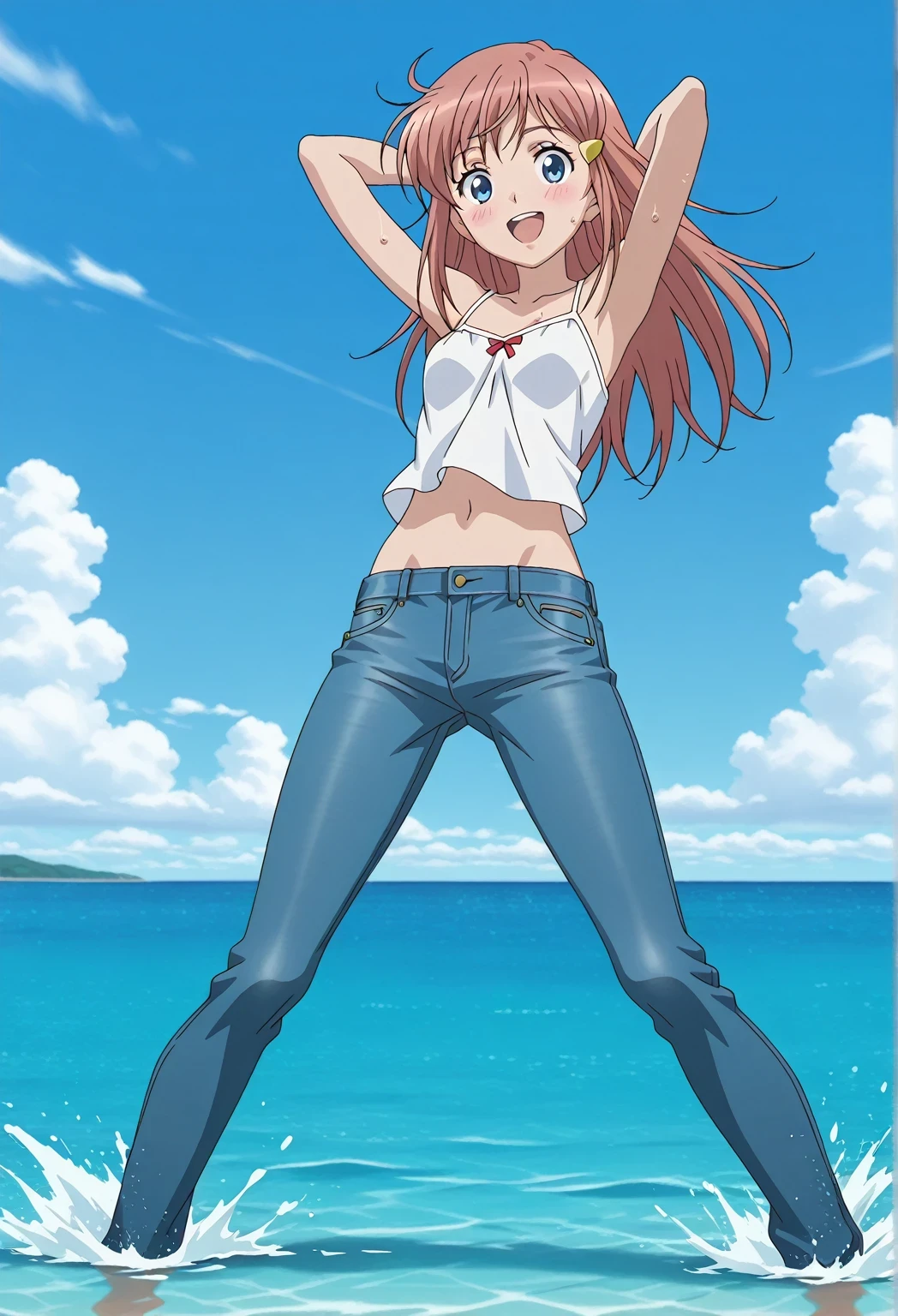 score_9, score_8_up, score_7_up, source_anime, highres, hi res, ((best quality, top quality, perfect quality, Highest Quality, amazing quality)), {{masterpiece}}, {{an extremely delicate and beautiful}}, 2d, intricate details, official style, anime, 8k, anime style, official_anime, official art, digital painting, cell shading, soft shading, high resolution, soothing tones, Subdued Color, Soft cinematic light, adobe lightroom, photolab, HDR, intricately and hyper-detailed, ((high quality animation)), 1 girl, Alone, solo, ((ocean)), tsunami, on the water, day, sunny, outdoors, sky, windy, kato_marika, brown hair, long hair, blue eyes, ((single golden hair ornament)), anime screencap, small breasts, white camisole top, crop top, white crop top, best quality, hyper-detailed jeans, ((blue jeans:1.9)), (dark blue jeans:0.6), full medium body, medium shot, Open mouth, smiling, happy face, blush, sweat, standing, ((arms behind head:6.0)), bowlegged, sliding pose, action, looking at viewer, spread legs, Bend knees slightly, straight-on front view