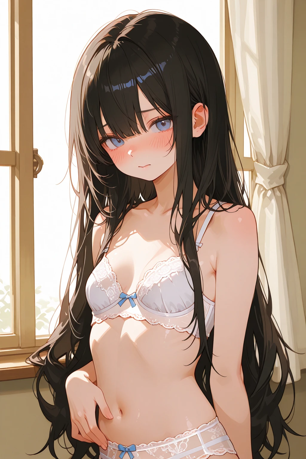 masutepiece, Best Quality,Illustration, Wallpaper, Ultra Detail, Little Face Lori、(((molesting)))、((fear:1.3))、(Teary-eyed:1.5)、(((Cute underwear)))、ample breasts、Cherry-colored areolas/long hair