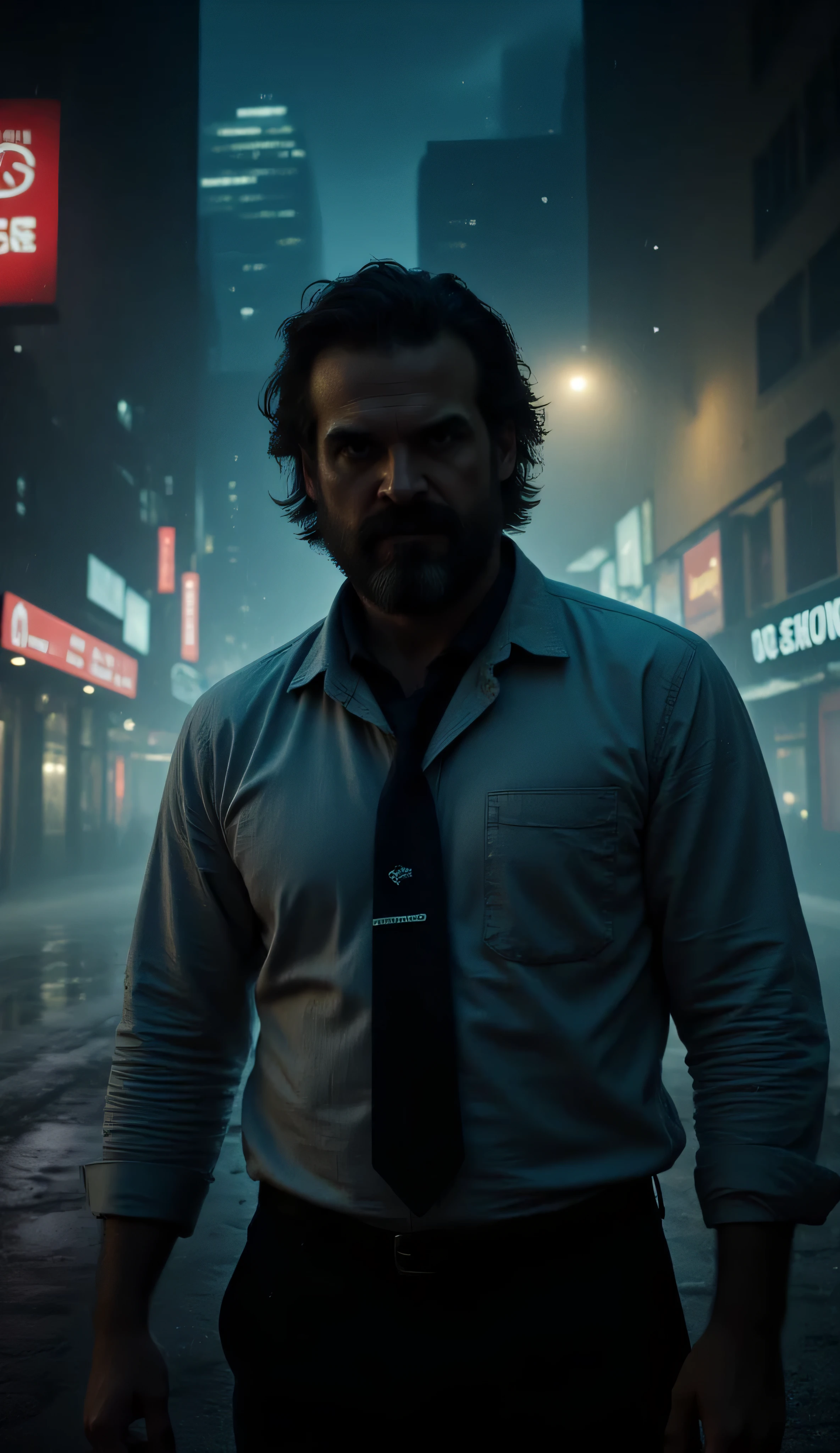 David Harbour as Bigby Wolf, The Wolf Among Us, standing, dark rain-soaked city street, neon lights and reflections, rugged brooding look, medium-length messy hair, scruffy beard, few scars across his face, wolf fangs, wears a wrinkled white shirt, rolled-up sleeves, loosened black tie, dark pants, mist drifts through the wet air as rain falls around him, noir-inspired cityscape, glowing neon signs, puddles, tall buildings fading into the darkness, moody cinematic and mysterious atmosphere, shadow and neon glow, comic book aesthetic, The Wolf Among Us video game, bold outlines, stylized lighting, painterly textures