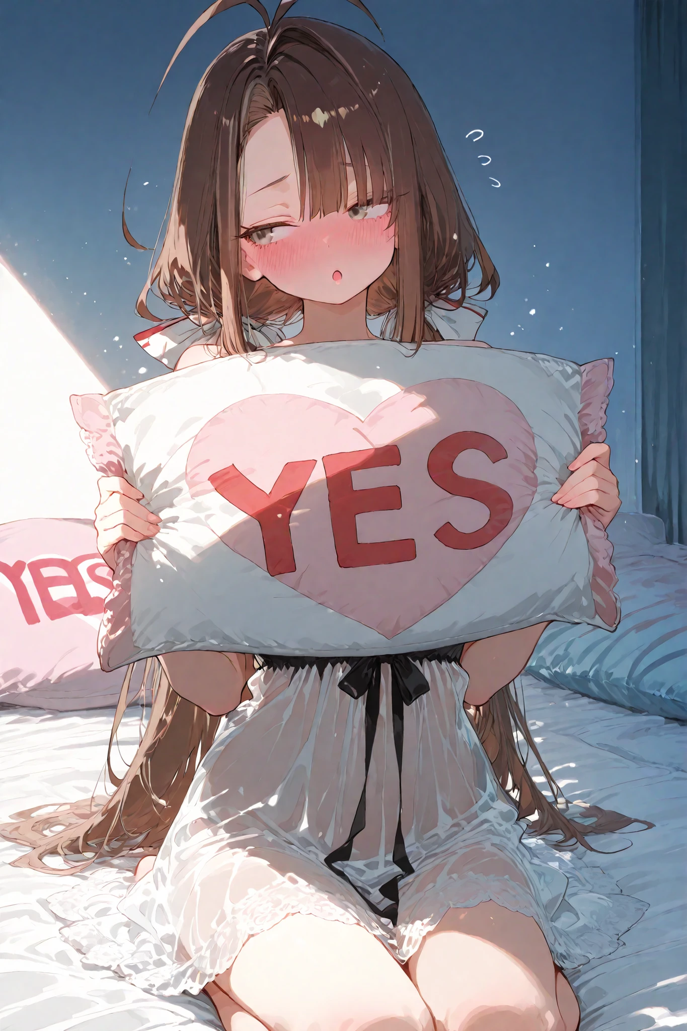 {{{masterpiece}}}, {{{best quality}}}, {{Ultra Details}}, {illustration}, {{very delicate and beautiful))(((asymmetrical bangs)))brown hair Silver eyes antenna hair longhair large breast See-through negligee(1girl:1.2)(((1girl)))myroom bed kubrick stare night darkroom :o(((yes-no pillow, holding,big pillow, flying)))sweatdrops, yes, holding pillow, blush, looking to the side Blushing seiza pov