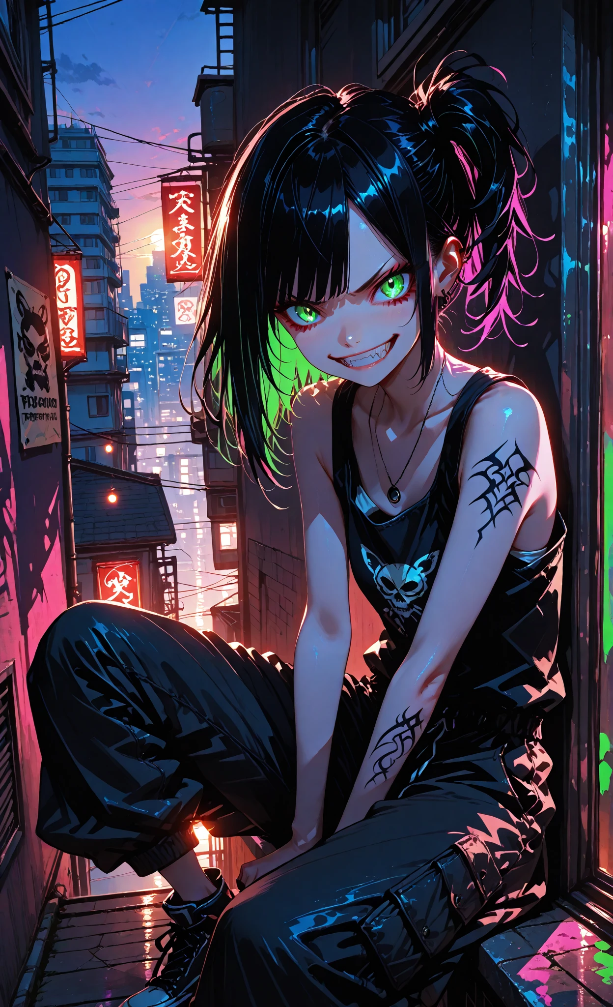 (very detailed fine touch:1.3), (2D:1.3), devil girl, (super very short hair:1.3), blunt bangs, (yellow glasses:1.3), underrim, headphones, devil wing, Tsurime Eyes, (glowing eyes:1.4), evil smile, (fangs:1.2), tongue out, mini dress, medium breasts, clavicle, cleavage, bat, hell