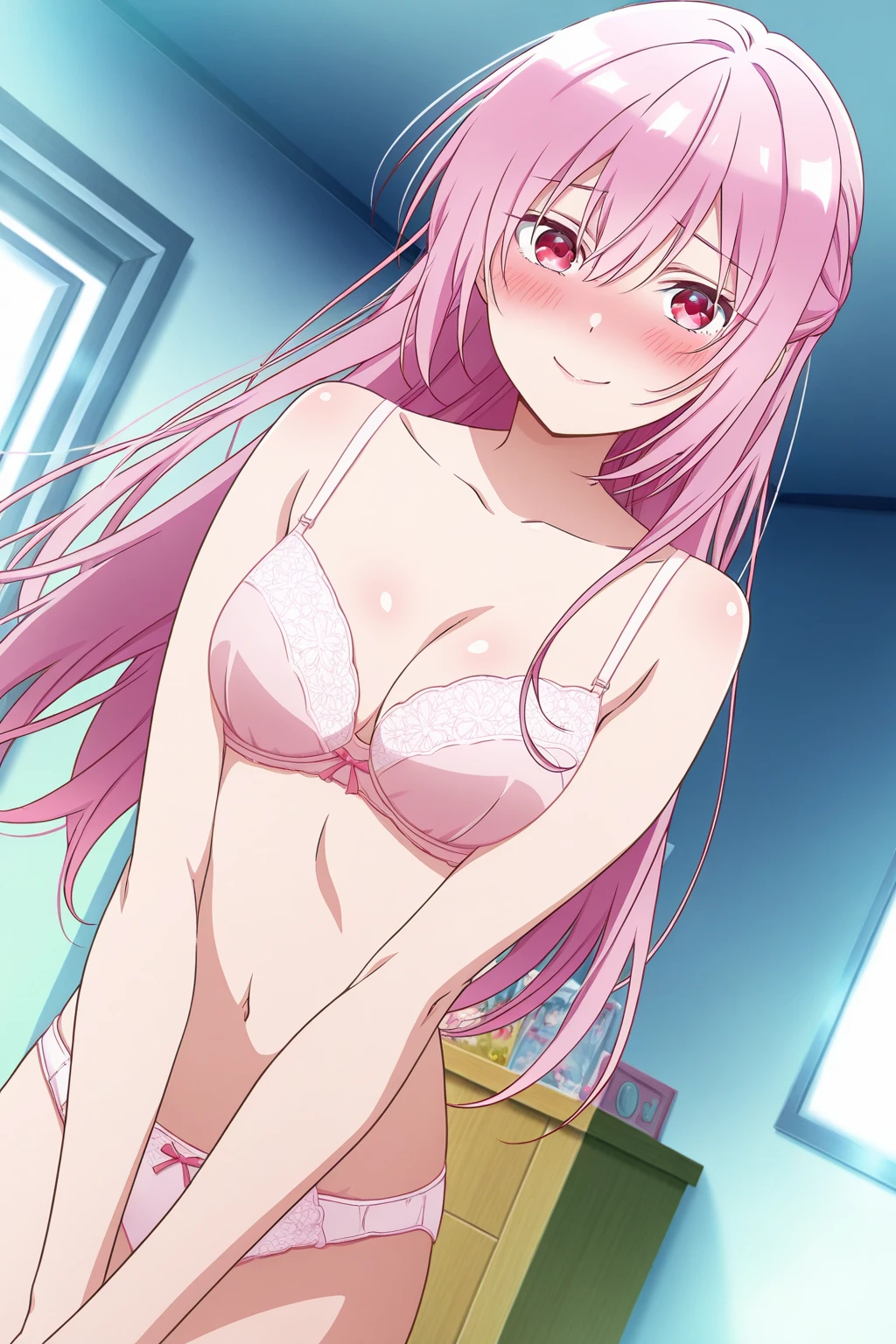 1girl, original, inoyuka, covering crotch, covering privates, athletic, light pink hair, very long hair, twintails, hair scrunchie, embarrassed,blush, open mouth,  purple bra, underwear only, bottomless, navel, groin, linea alba, stomach, bedroom, bed, pillow, desk, indoors, day, noon, blue sky, indoors, hdr, dramatic lighting,  dynamic angle, cinematic angle, cinematic lighting, dot nose, (anime coloring:1.0), recent, masterpiece, best quality, absurdres, very aesthetic, <lora:Yuka_Ino:0.8>