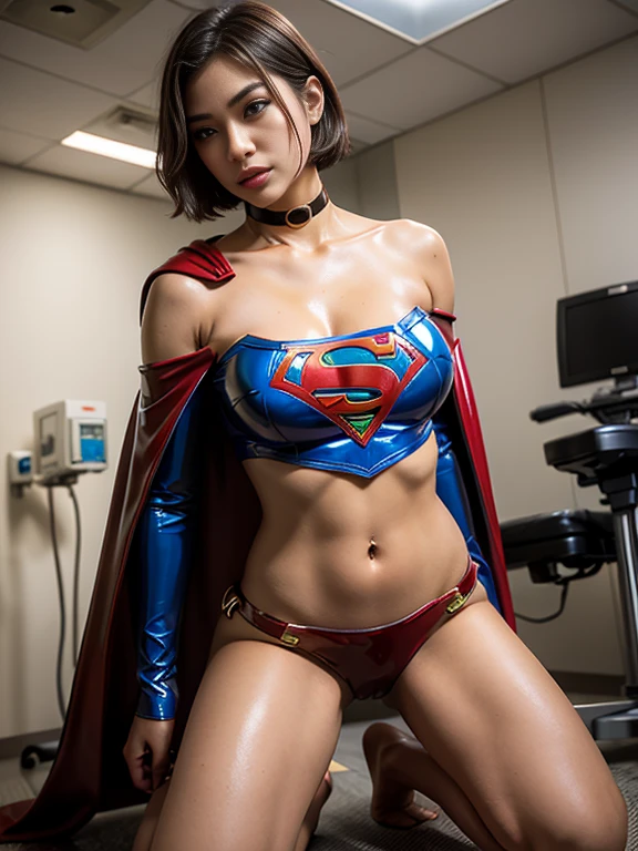 ​masterpiece,Short-haired Supergirl sleeping in the operating room、Plump breasts、Looking at the camera、a choker、bare-legged、MagazineCover、highleg、a miniskirt、Tight costumes、Puzzled、Large open legs、Obscene、Show a glimpse、Cloak