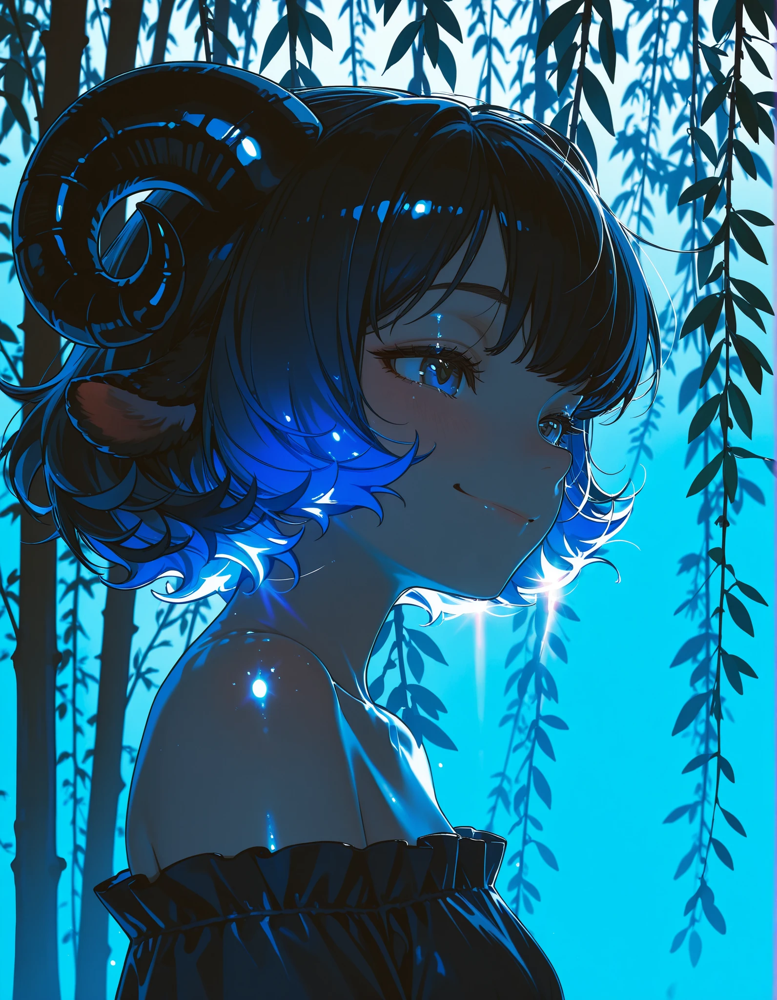 masterpiece, ultra high res, face close-up, psychupus girl, Shiny Black Sheep Horn, mischievous smile standing beside a willow, shiny black hair, Blue Gradient on the Hair, Off Shoulder Color, Reflection of magical light, fine skin, Soft Lighting Effects, young