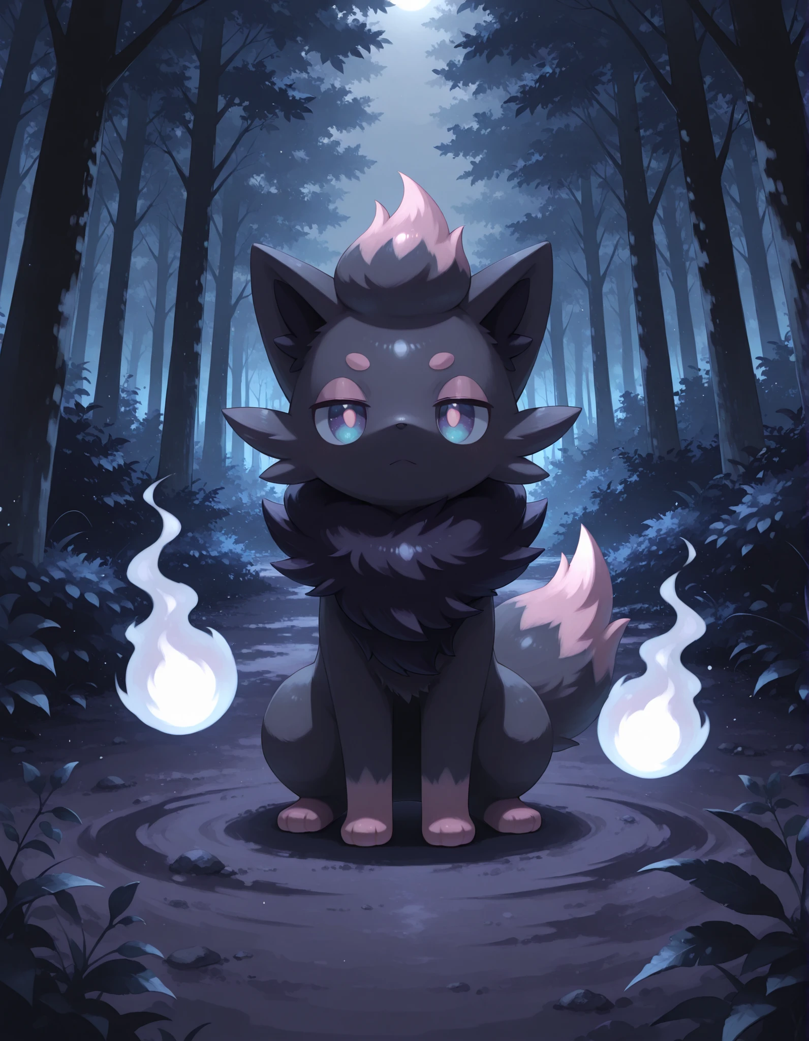(Noxmauve:1.3),, Creates a scene where a Zorua from Hiya Sui appears in a mysterious and ethereal atmosphere, with a ghostly appearance, merging elements of his normal nature, ghost and sinister. This Zorua has a faint aura that surrounds his body, reflecting his connection with both the spiritual world and his normal species. Su The coat has shades of soft shadows with details of a floating mist around, while a subtle glow shines in his eyes that denotes his hidden nature. The scene is shrouded in a dark atmosphere, perhaps near a forest or a desolate area, to reflect his mysterious connection with spirits,, gradient_fur