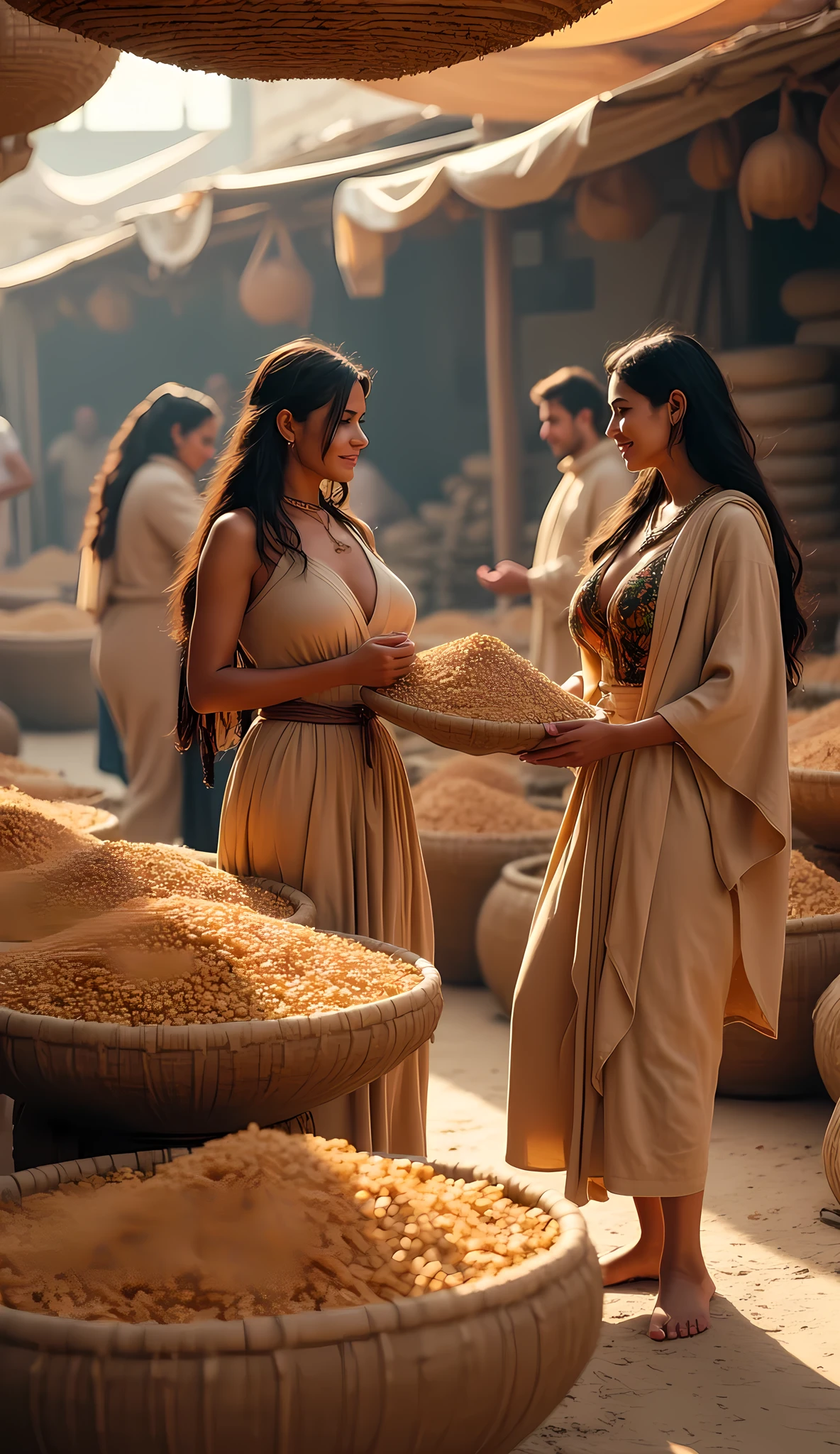 "Create a hyper-realistic digital artwork set in the Bronze Age, Mesopotamia, Assyrian, depicting a vibrant orderly market scene in the afternoon. Focus on two Akkadian busty women: one is a seller and the other a customer, both displaying happiness. The seller wears a primitive long linen bodyfit cloak, while the customer is dressed in a full wool bodyfit kimono that envelops her body. Include dozens of wheat grains in a woven straw baskets, showcasing intricate details and textures. Use a cinematic close-up perspective with a depth of field that highlights the characters and the market's lively atmosphere. Ensure the composition follows the rule of thirds, with optimal lighting and a high dynamic range (HDR) effect. Aim for an 8K resolution, photorealistic quality, and a dynamic image composition that captures the essence of prehistoric life. Utilize techniques such as octane rendering and a 50mm lens shot for realism. The final artwork should reflect a National Geographic style, emphasizing the beauty and richness of the scene."