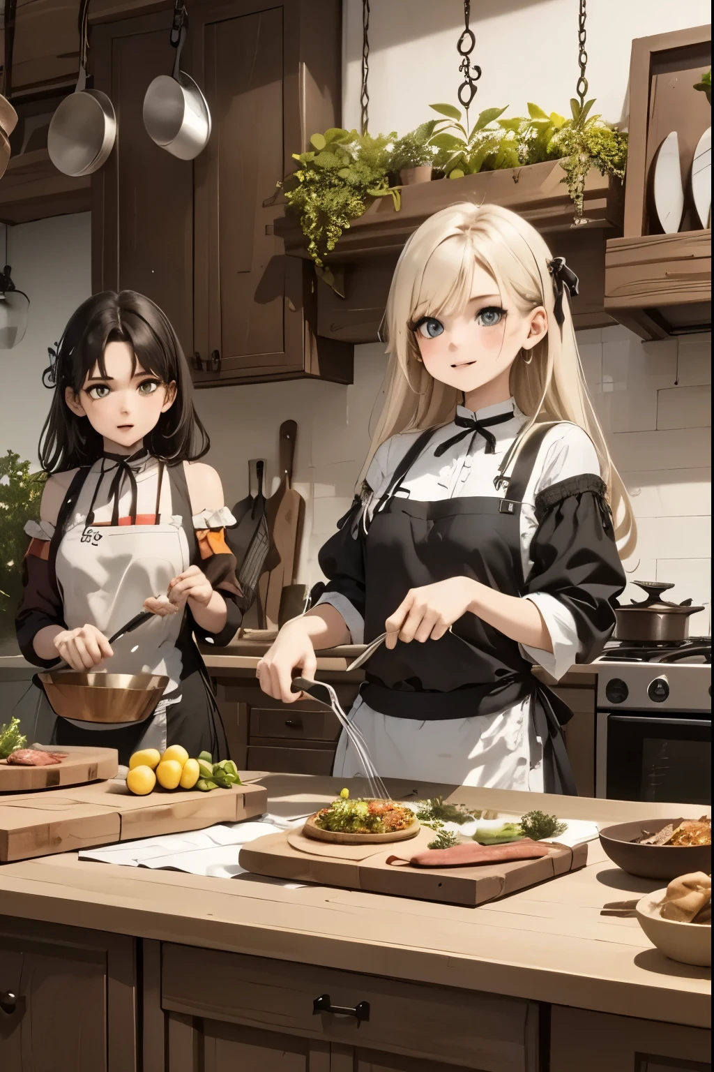 Rebel Girls' Sharehouse – Chaotic & Creative Kitchen A shared kitchen full of colors, rebellious posters, hanging plants, and girls cooking together in eccentric outfits.