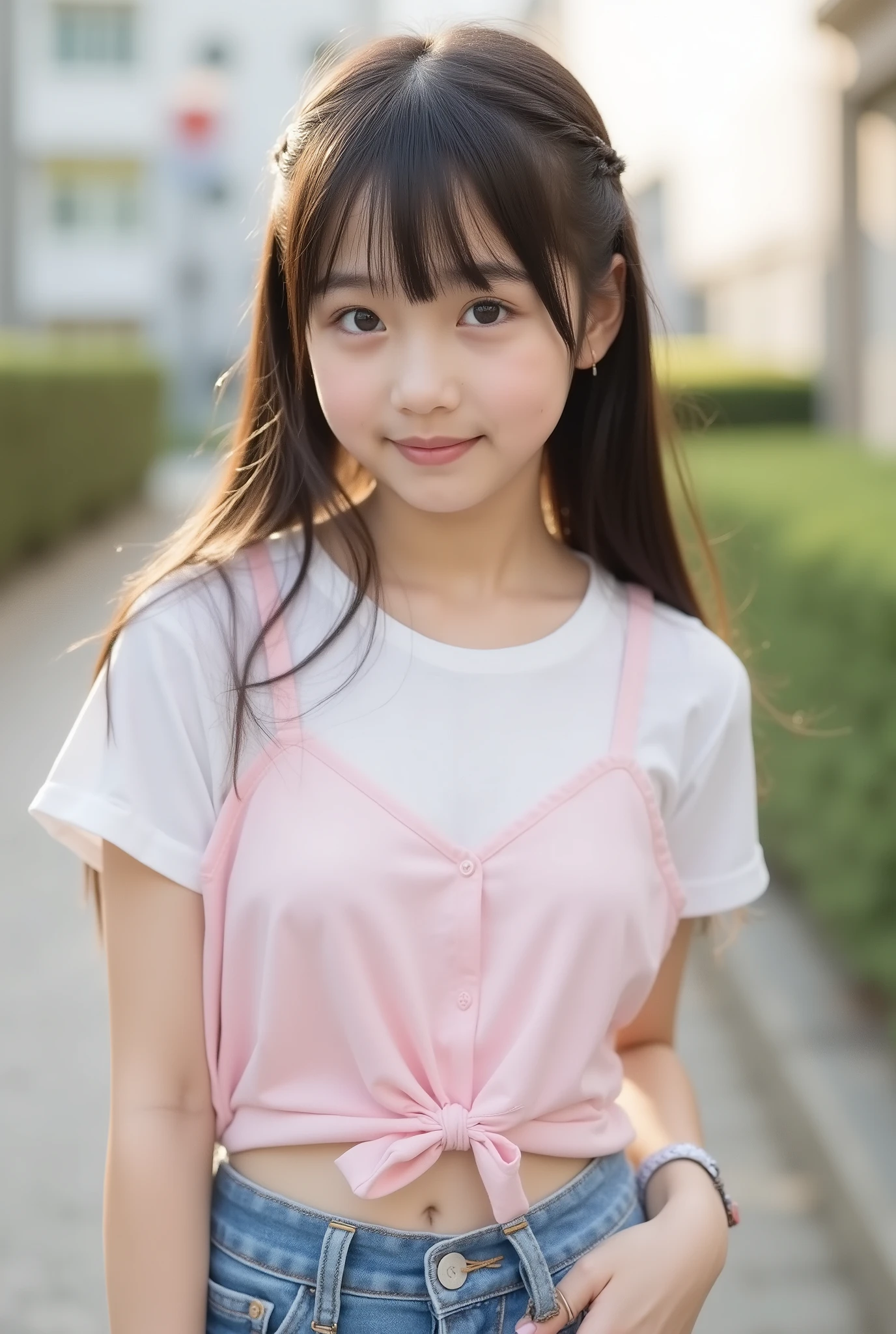 big eyes、世界一cute中学生、Use your arms 、at the end of my vagina、laughing,( She's a Middle School Student 、There are:1.8),(8k, ORIGINAL PICTURES, Highest Quality, masterpiece: 1.45), medium chest、and、symbol body、(realistic, photorealistic: 1.8), 8k,, Single Girls, cute, happy, Light pink realistic and detailed small nipples、,((( light pink camisole ))),(((toddler figure with r))),, armpit、flat chest、 belly button out、Belly exposed、low-rise denim shorts with a white t-shirt tied under the chest、cute, big eyes, Highest Quality, Brush, Brush, 腕をあげて美しいarmpitを見せます、laughing笑顔