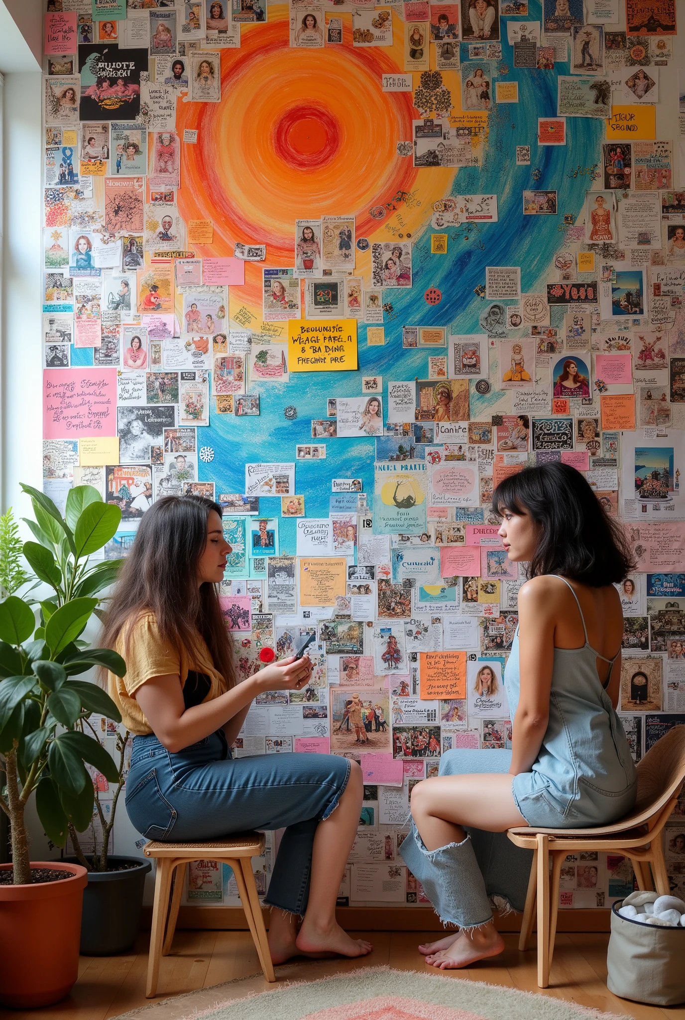 Rebel Girls' Sharehouse, vision Wall. A large wall decorated with collages, photographs, motivational quotes, and hand-drawn art, with girls adding new pieces.