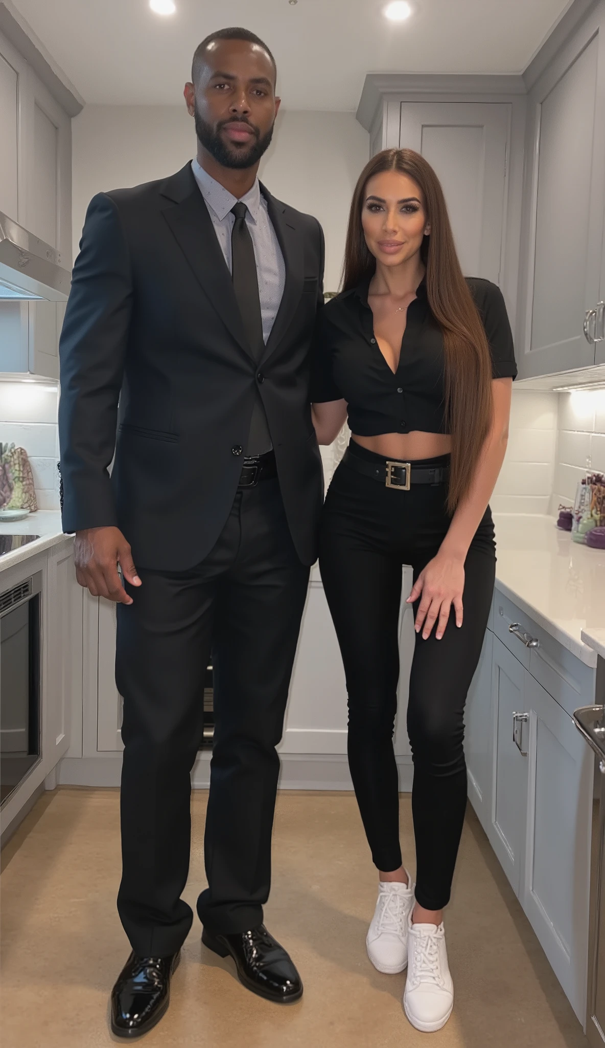 Kim Kardashian mit Long glattem  , brown hair in tight fitting, black cotton shirt with collar and buttons and large cleavage , ,  wide black belt  ,  ,in very tight black cotton leggings and white sneakers , Kim is standing in a modern kitchen, standing next to Kim is a tall muscular African man in a suit   , Kim is only half as tall as the man , , ( full body shot, You can also see Kim's feet ) 