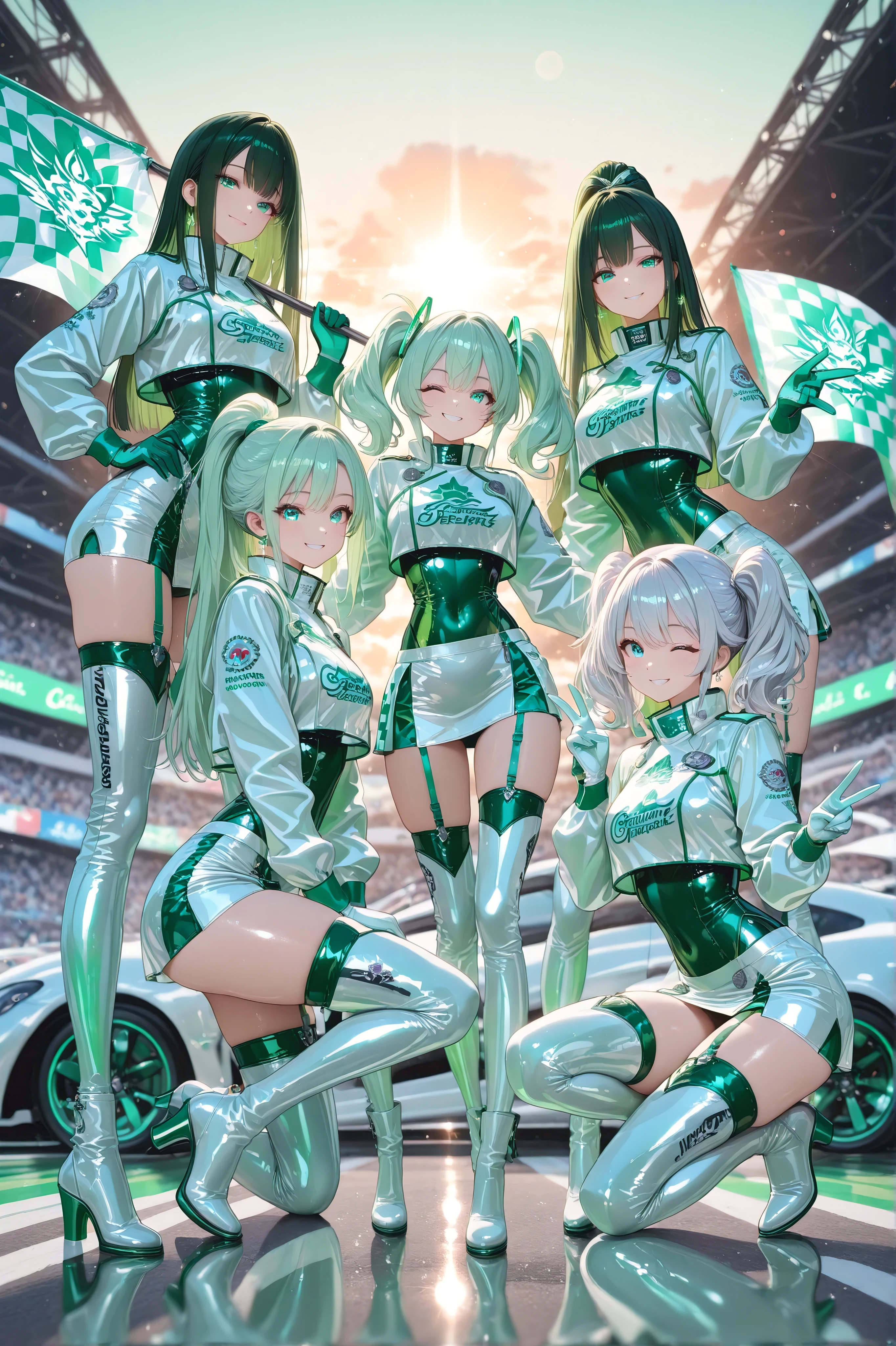 (Ultra-detail, 8K, masterpiece, best quality, highly aesthetic, glossy skin, stylish composition, anime style),
4girls, dynamic group formation, standing in a confident team pose, each with unique expression and coordinated race queen outfit, glamorous and powerful vibe, jewelry eyes, shining lighting, high fashion race queen theme,

Girl 1 (Emerald Leader): long silver hair tied in a sleek high ponytail, emerald green eyes, wearing a glossy green and white race queen outfit — sleeveless cropped jacket with high collar, metallic accents, micro shorts with side slits, thigh-high white boots with green trim, holding a racing flag confidently over shoulder, cool and composed smile,

Girl 2 (Mint Spirit): wavy light green hair, golden eyes, glossy green bodysuit with asymmetrical design, fluttering white short skirt attachment, green gloves, thigh-high stockings with green garter belts, playful wink, dynamic pose with one knee bent,

Girl 3 (Jade Energy): blonde twin tails, sky blue eyes, vivid green and white outfit with sporty crop top and layered micro skirt, white thigh-high boots with green accents, both hands raised in a lively V-sign, bright and energetic smile,

Girl 4 (Forest Grace): long dark green straight hair, teal eyes, glossy green and silver bodysuit with sleek side cutouts, white gloves, elegant and confident expression, one hand on hip, the other extended gracefully,

background: futuristic racetrack pit area, sunset glow with green neon reflections, blurred racing cars in motion, glossy asphalt surface reflecting emerald light, lens flare, radiant and unified team aura, luxurious and energetic atmosphere