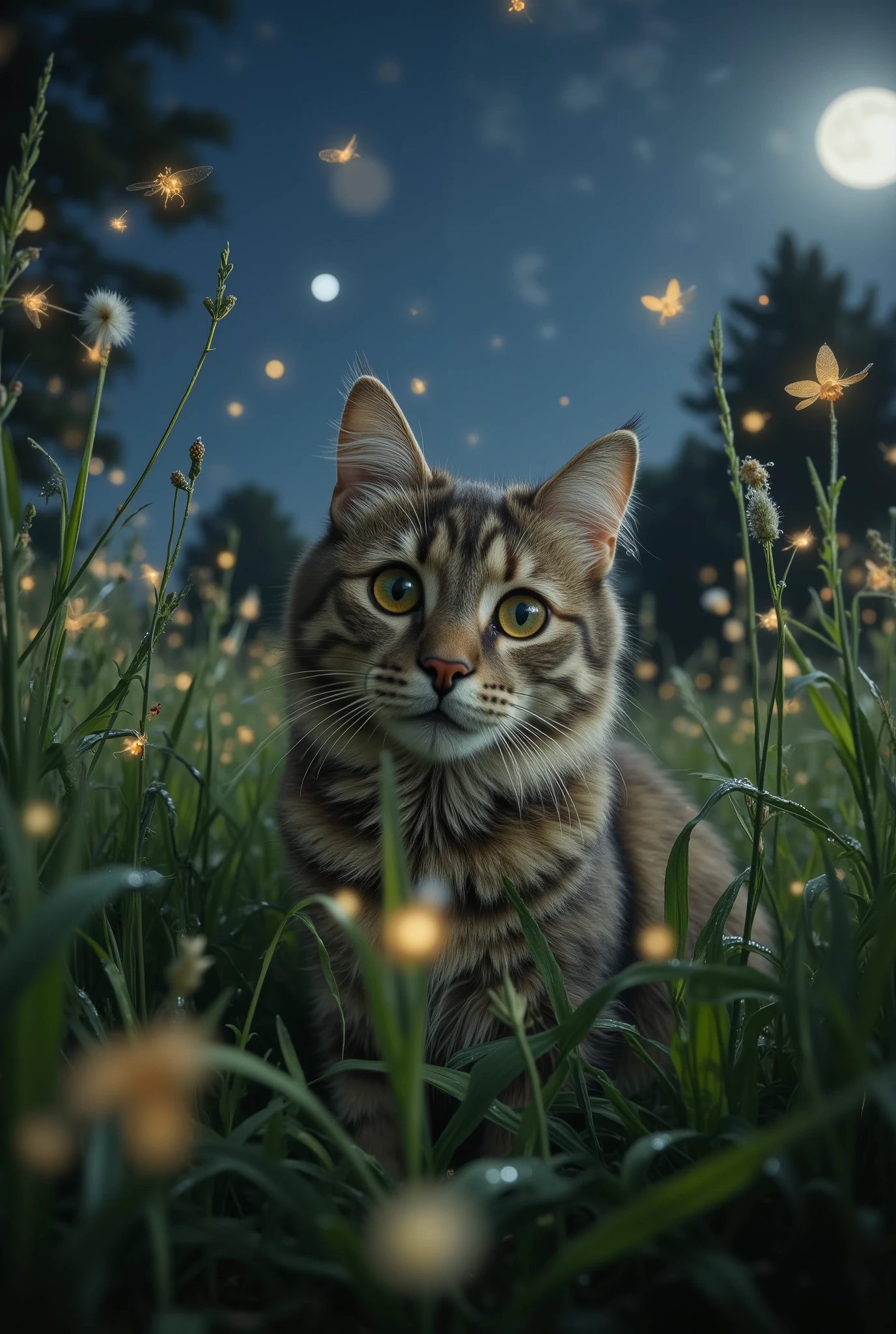 hyperrealistic photograph of a majestic  tabby cat at night, peeking through tall dew-covered grass, captivated by floating fireflies. The cat's eyes are wide, reflective and full of wonder. Dozens of bioluminescent fireflies are scattered throughout the scene, creating a magical, bokeh-filled background. The atmosphere is serene and enchanting, with soft moonlight gently illuminating the cat's fur and the grass blades. Shot on a DSLR with a 85mm f/1.4 lens, shallow depth of field, extreme detail, 4K