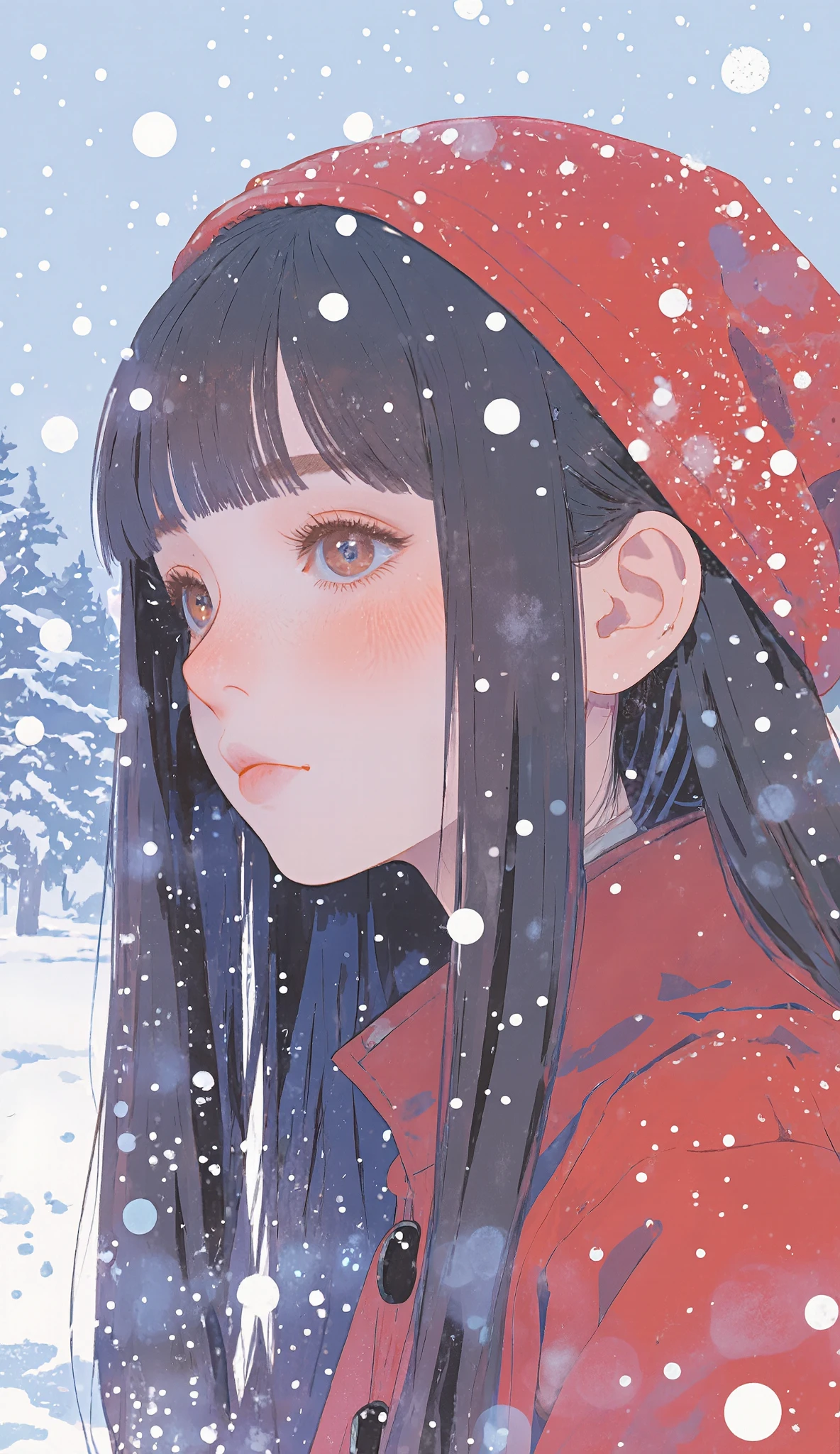 Anime Girl in red coat In the snow with long hair, SNOWING, In the snow, Beautiful Anime portrait, Beautiful Anime face, (Anime Girl), In the snow, cold, Beautiful Anime, soft animated illustration, profile of Anime Girl, extremely cute Anime Girl face, Beautiful Anime art, Beautiful Anime artwork, anime style 4K, it snows, beautiful Anime Girl