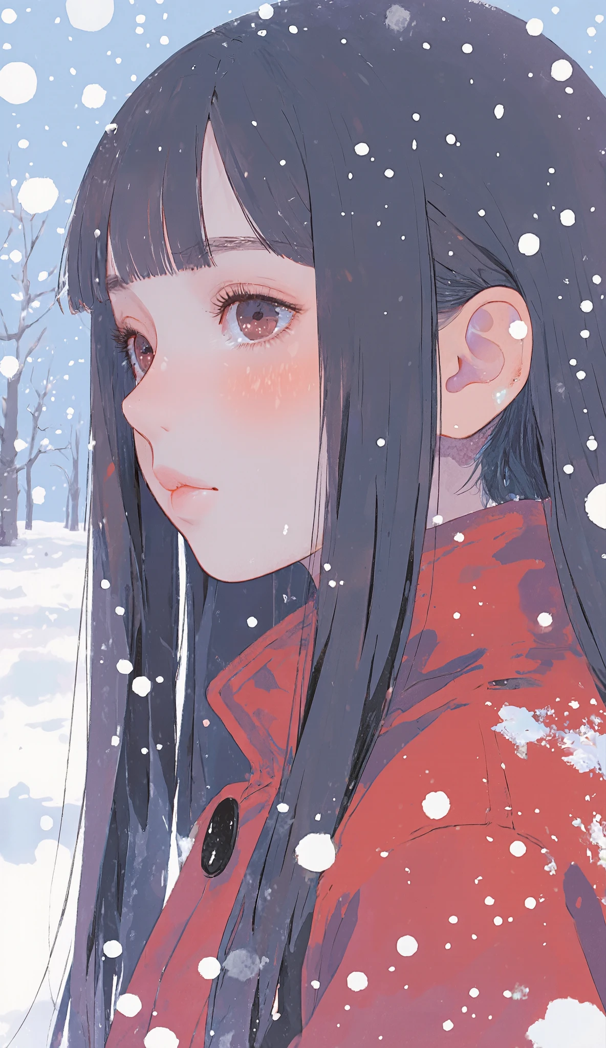 Anime Girl in red coat In the snow with long hair, SNOWING, In the snow, Beautiful Anime portrait, Beautiful Anime face, (Anime Girl), In the snow, cold, Beautiful Anime, soft animated illustration, profile of Anime Girl, extremely cute Anime Girl face, Beautiful Anime art, Beautiful Anime artwork, anime style 4K, it snows, beautiful Anime Girl