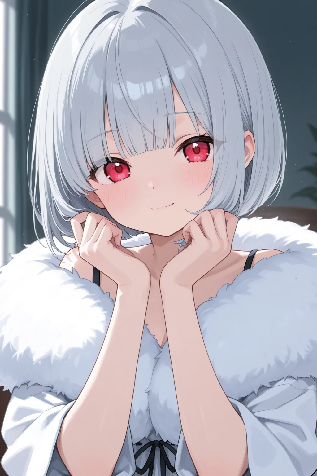 one-girl，White clothes，Off-the-shoulder attire，White hair，Huge breasts，cleavage，red fox，Ice and snow，In the snow，Blizzarding，