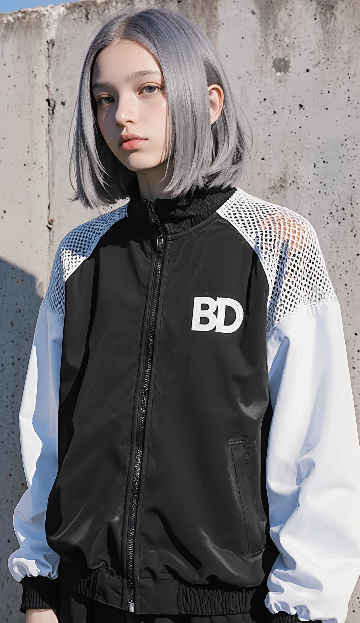 with a hint of texture, upper body visible from the chest. they have a sporty, casual black and white jacket, カラーはシルバーグレーin、A person is standing on a concrete wall {x} The shoulders and sleeves have a unique mesh design. The jacket has a front zipper and a small, On the right side of the chest "BD" letters for the scene. The individual wears a white emblem with straight, shoulder-length hair that is silver-grey in color, soft, wears natural-looking waves. the lighting is soft, in、Doesn't cast a tight shadow, Neutral, standing with her back facing the camera. 全体的な雰囲気はリラックスしてカジュアルinある, 。with trendy hair and clothing choices、modern style.
