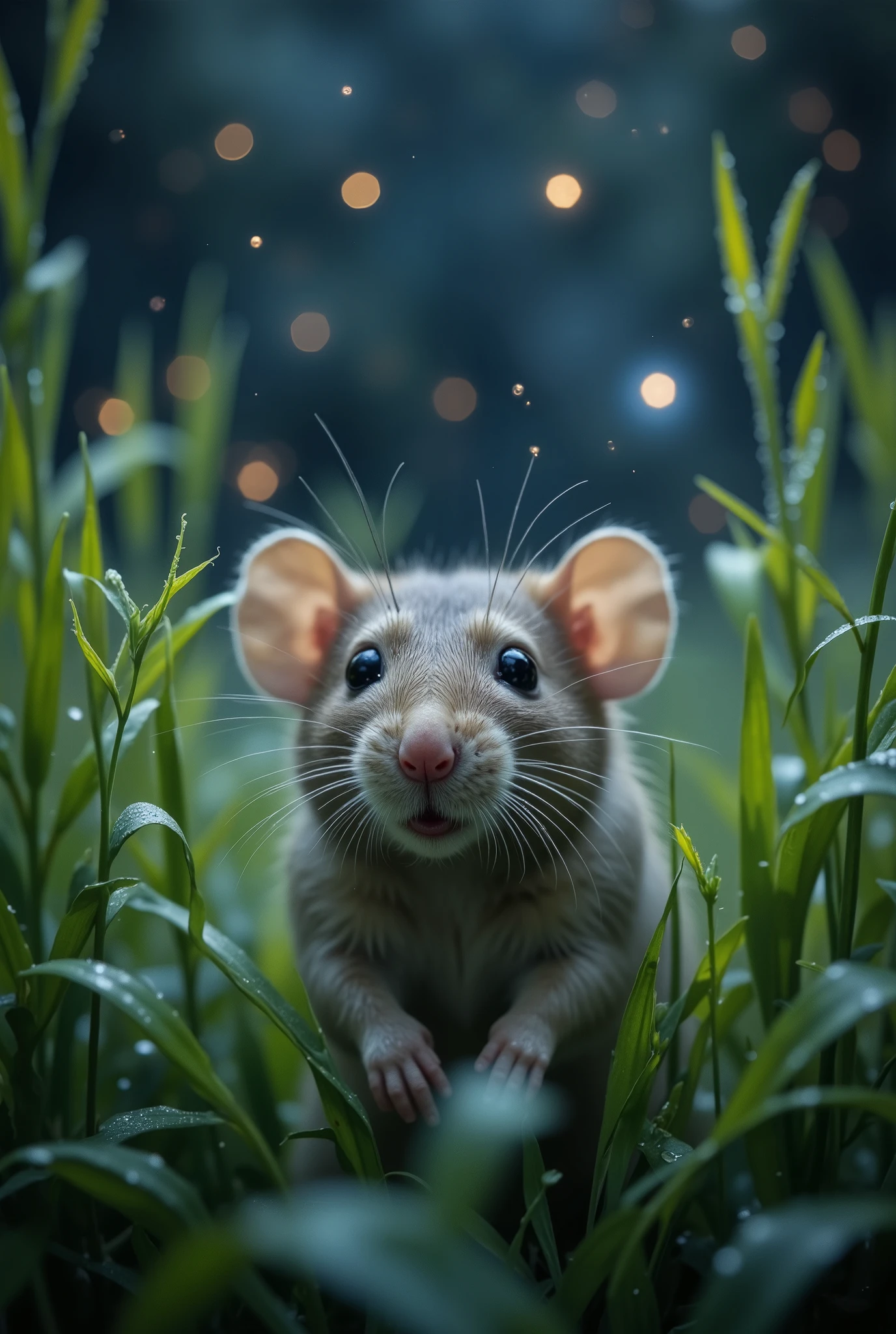 hyper-realistic photo of a cute surprised rat peeking out of tall, dew-covered grass, enchanted by soaring fireflies. The rat's eyes are wide open, thoughtful and full of surprise. Dozens of bioluminescent fireflies are scattered throughout the stage, creating a magical backdrop filled with bokeh effects. The atmosphere is serene and charming, the soft moonlight softly illuminates the rat fur and blades of grass. The picture was taken on a SLR camera with an 85 mm f/1.4 lens, low depth of field, high detail, 4K resolution
