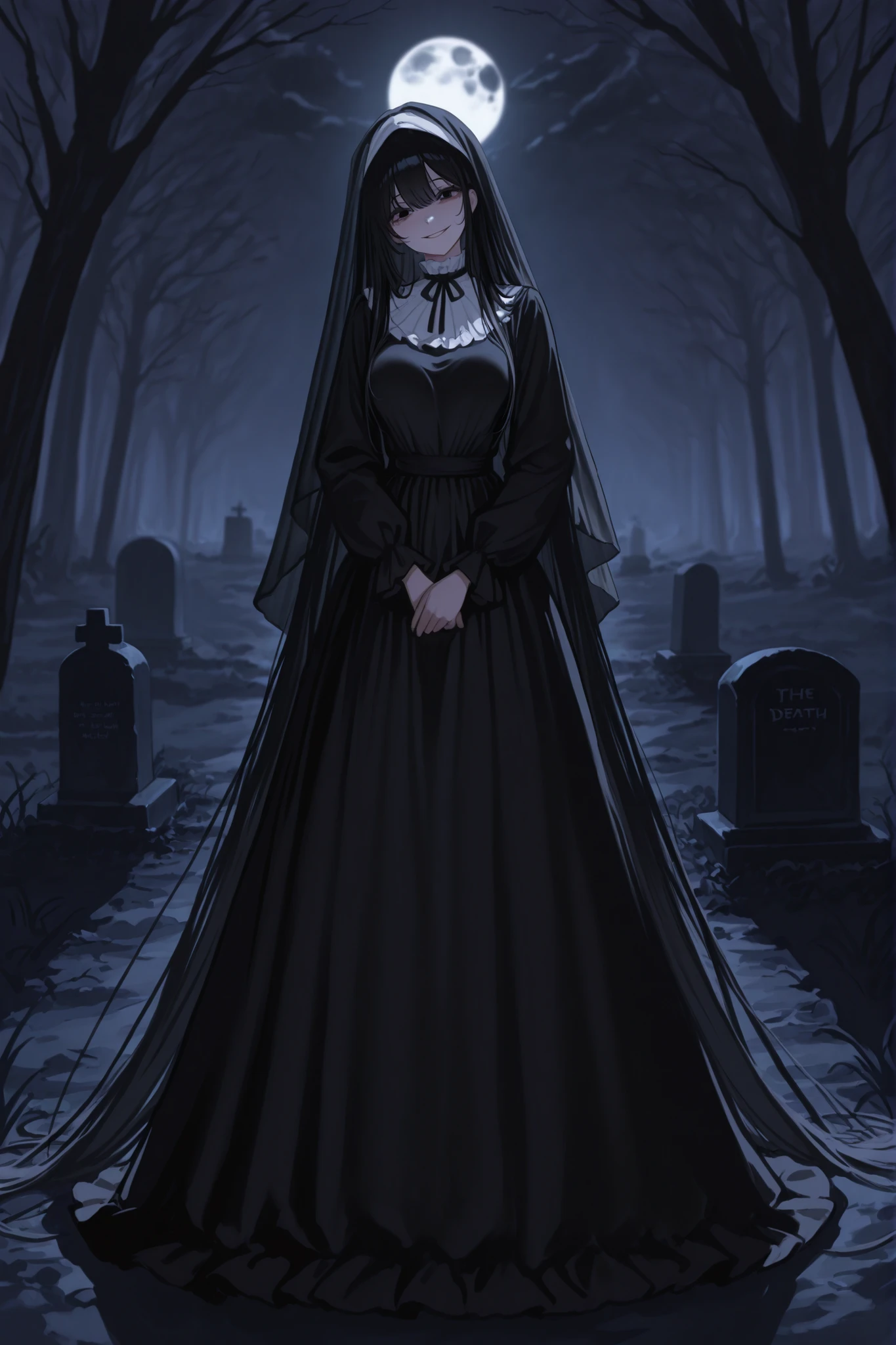 The girl with very long hair was wearing very long dresses, very long, the dress was wrinkled, under the moonlight, the grave, the death, the black eyes, the black dress with the veil, the black moon, smiling at the wrong angle.