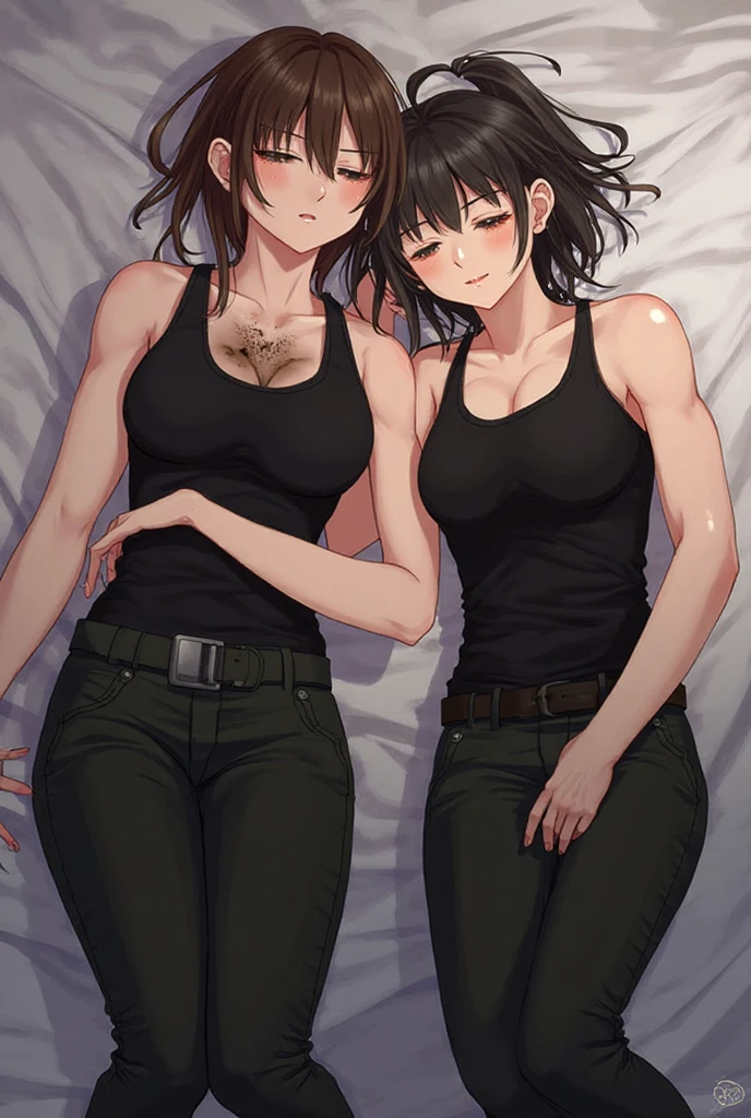 (best quality,ultra-detailed,realistic:1.37),musclaur badass girl with sculpted body with preview her musclaur body, full review of the female character  face and body, intense expression, strong and confident posture, studio lighting, vivid colors, physiologically-based rendering, grungy texture, rugged background, dust particles in the air, commanding presence, professional, powerful, gritty aesthetics,,Valmet،short hair,necklace,Light reflection on shoulders،wearing military male  and midriff tank top, tattoos on shoulders،lying in bed,eyepatch,Shining muscles,Shining skin,reviewing ,two girl's sleeping together,sleeping,close eyes,deep sleeping,lying down