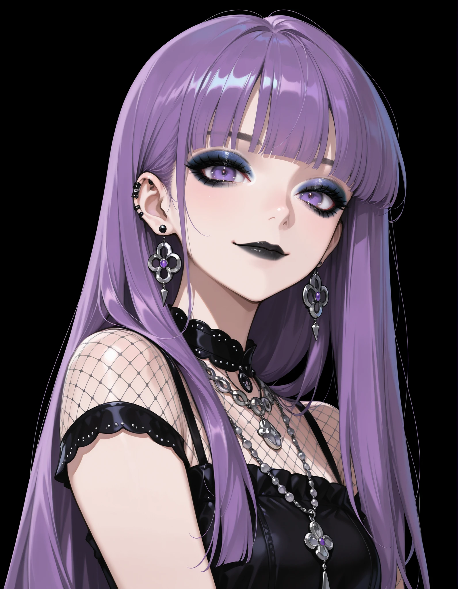 ((masterpiece,best quality)), absurdres, upper body, black background, 
1girl, solo, long hair, looking at viewer, smile, purple straight hair, jewelry, closed mouth, purple eyes, upper body, earrings, blunt bangs, necklace,  makeup, eyeshadow, gothic, black lips, fishnet top