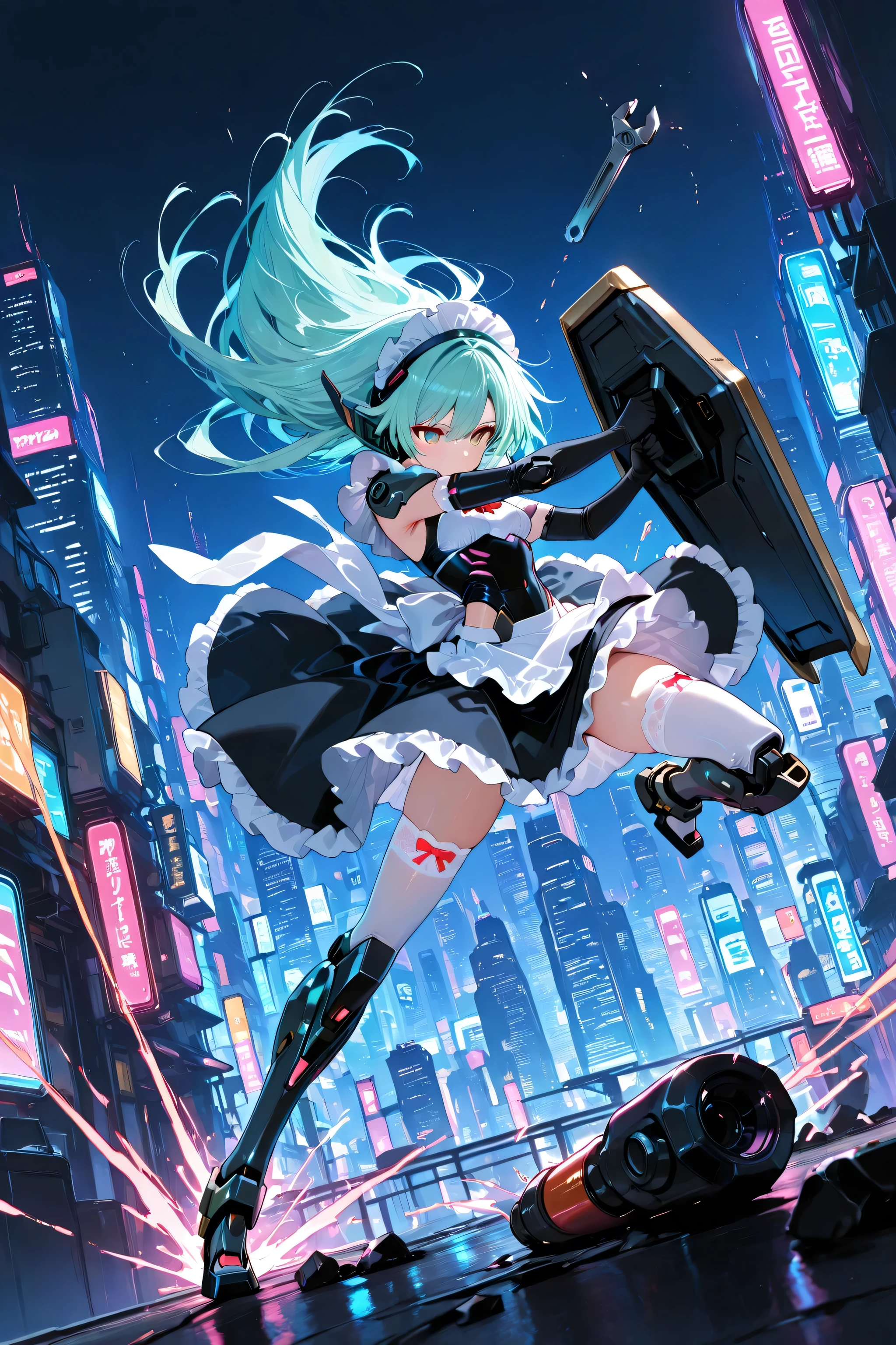 score_9, score_8_superior, score_7_superior, masterpiece, best quality, ultra high resolution, tall_loyalty, vivid color, Sauce_cartoon, Rating _[Safety, cute, 1 girl, Short Stack, (Mechanical Girl:1.2), sh1neon, weapons, Long hair, Maid Dress, Maid tiara, Gloves , glow wrench, elbow Gloves, Shield, ttalltalls, armor, [BREAK, Dynamic Pose, Dynamic Angle, neon lit cyberpunk cityscape, Night City, Pastel