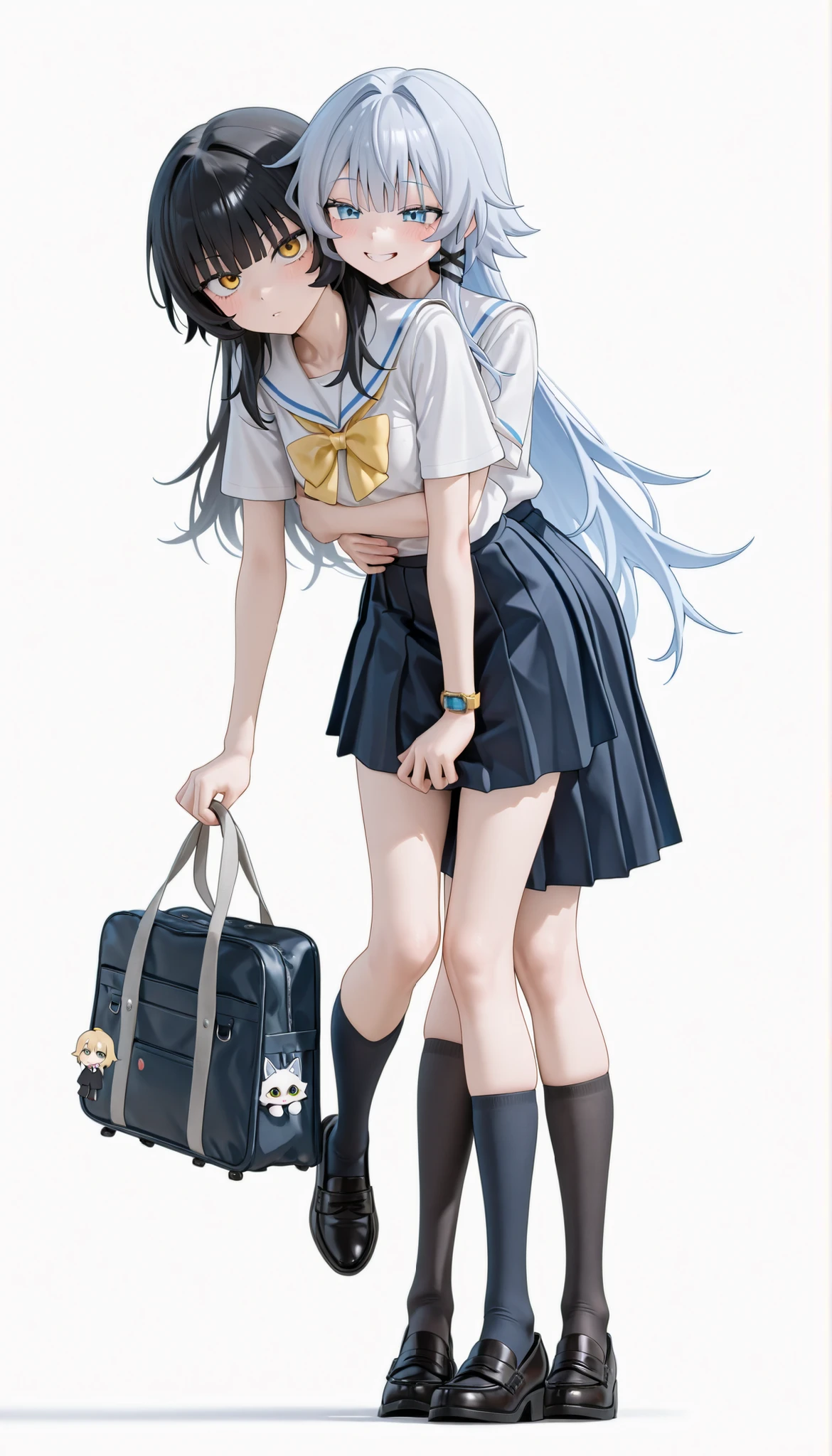 accurate human body structure、8k,masterpiece, Highest Quality,Highest Image Quality、watch、 is one girl in the anime , Extremely elaborate and beautiful, at maximum resolution 、 I can't wear a watch、clear_ Picture , watch viewers , obscene, ( female high school student 1 , Slim Girl ,短いgray hair、To hide my eyes、gray hair、light blue eyes、round eyes、fastened with hairpins、、white wolf cut hair 、 blue and yellow eyes 、Odd Eye、Filmography、round eyes)、whiplash body、lesbian、、2 girls()