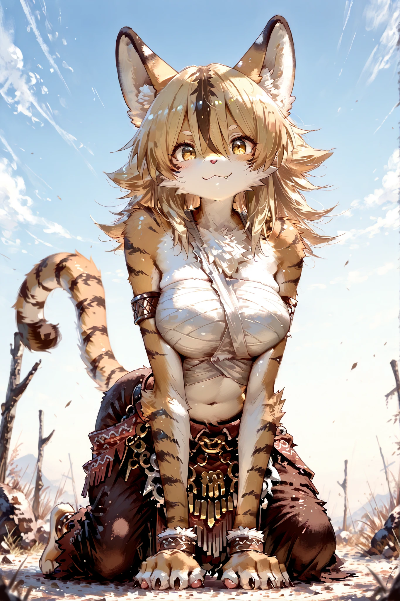 ((meow meow pose)), perfect face, focus girl, ((focus face)), parfect eyes, solo, (masterpiece, detailed:1.2), highest quality, Ultra High Quality, 64k, Beautiful and delicate anthropomorphic girl, Incredibly detailed and intricate, (furry:1.6), flipped hair, Braidded wolf hair, Trimmed bangs,  cute yelow eyes, smile, cute face,  eye lasher, thin, 20 yo, medium breast, Long sideburns, tiger tail, tiger ear, tribe costume, barbarian outfit, belt chest wraps, ((chest wraps coverd breast)), (furry breast), ((barbarian skirt)), white outfit with gold detail, Navel exposed, leaning, (all fours), arched back, 
BREAK,
sharp focus, beautiful background, depth of field, fine atmosphere, beautiful natural lighting, perspective, (detailed lighting), rim lighting, ((sharp focus)), solo, residential ,, looking viewer, 　steppe back ground, mongolia, yurt back ground, panorama, beautiful sky, 15:00, day time, SFW,  from behind,