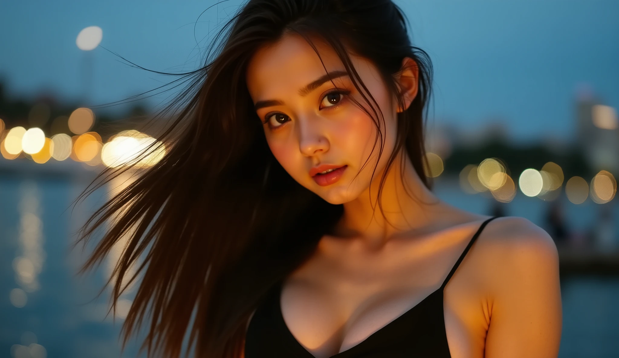 A beautiful young woman with long black hair blowing gently in the wind, wearing a sleeveless black top. The sunset light softly illuminates her face, creating a cinematic golden-hour glow. Background with blurred city lights bokeh and deep blue sky, emotional and serene atmosphere. Ultra realistic, shallow depth of field, film still, 4K, cinematic tones.