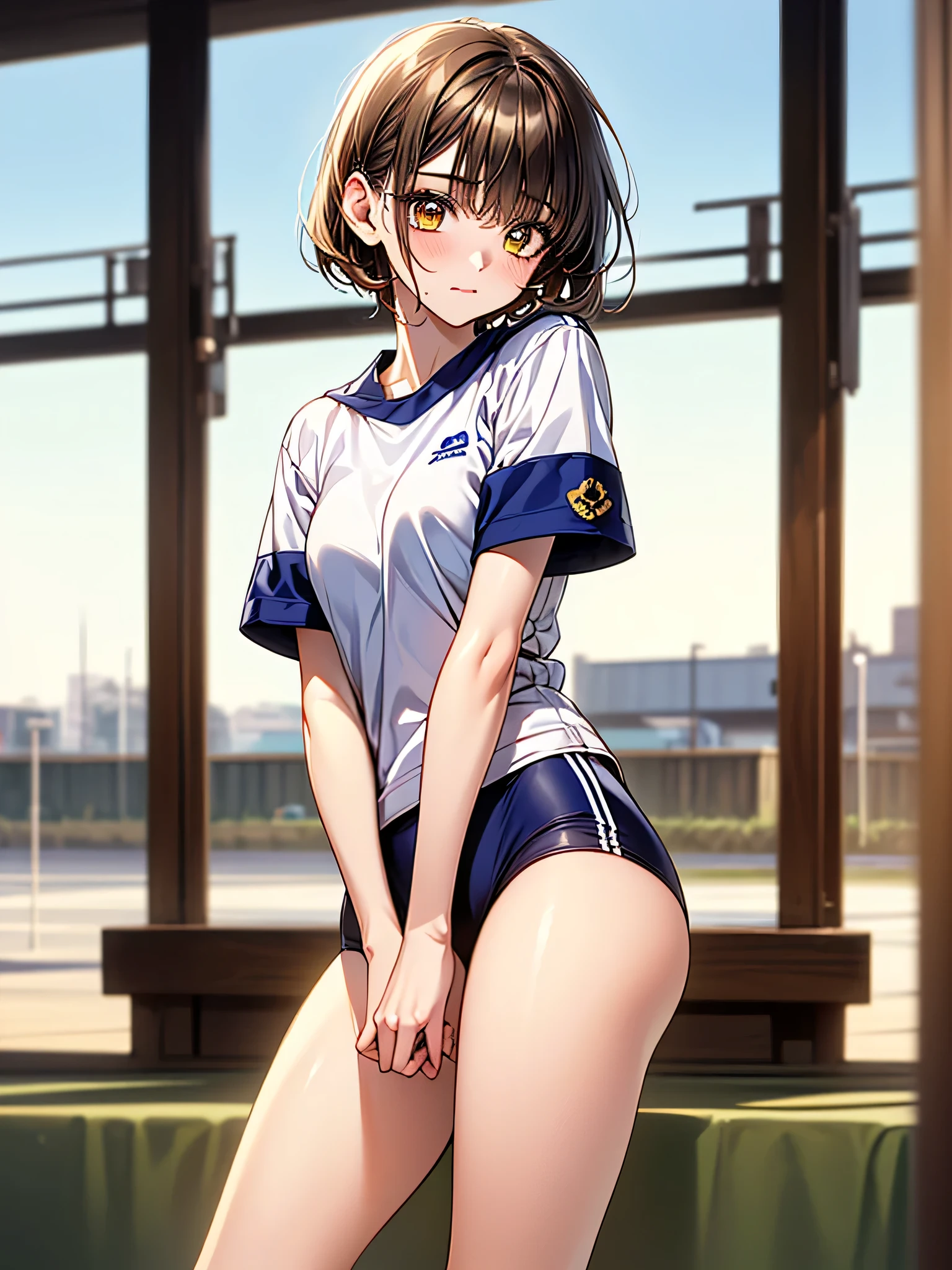 masterpiece, best quality, highres,Young and very cute17-year-old girl,Sexy pose,Unusually beautiful and large eyes,A well-balanced and toned body,yoshizuki_iori, buruma,gym uniform, standing, cowboy shot, outdoors,