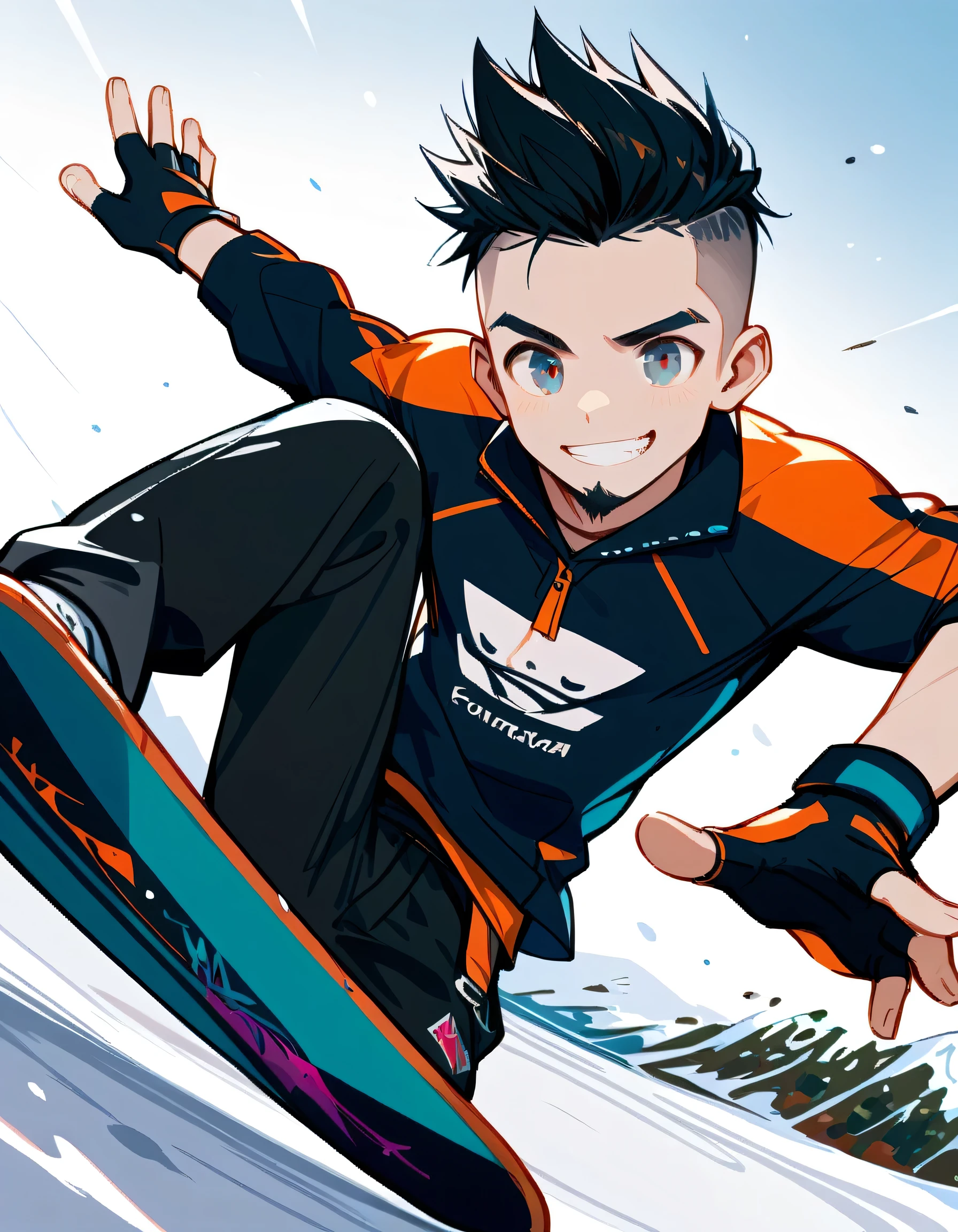 dutch angle, (dynamic playing snowboard giant slalom pose),portrait,ski resort, slalom, flashy snowboarder's clothing and cargo pants, complex structure, snowboard, snowboarding down a steep slope, sliding,middle-man,40years old,(The face of an old man with dignity),man's eyes,man's nose,man's mouth,(black short spiked hair),forehead,sidecut,undercut,beard,manga style,sketch,