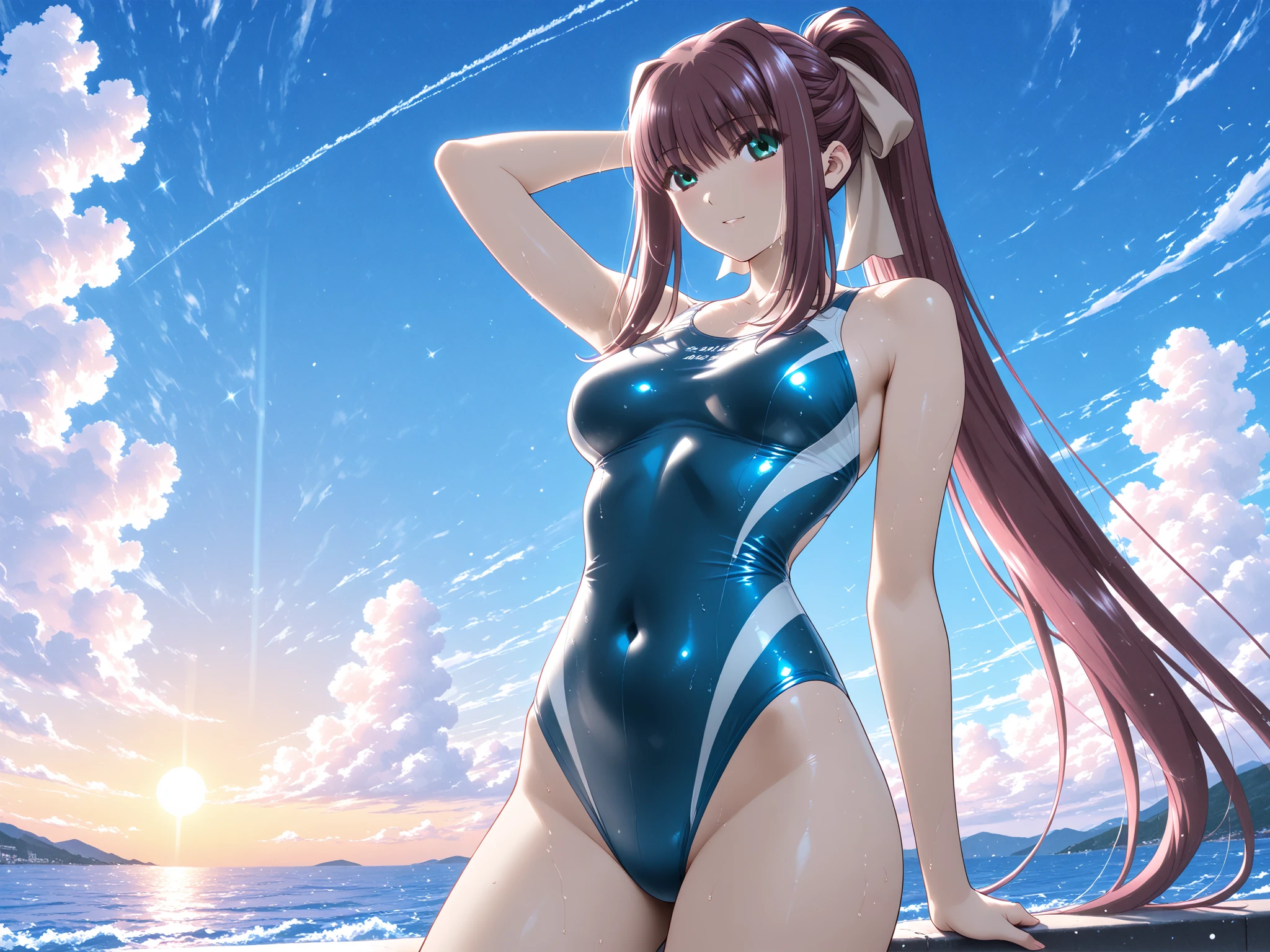 low angle shot，shoot down and up、Back photo。spread legs、Emphasize the buttocks，actual、Super high chroma、8k、Long red hair(((30 year old woman)))、((((She is wearing a purple competition swimsuit。))))、competitive swimmer、big breasts、Thick thighs、Pay attention to muscle development。競泳プールolympic Comcompetitive swimmerics stadium 美しい顔, Highly detailed face and skin textures, (natural cheeks, skin shiny, White skin,Sweating 1.0、(((vitality)))