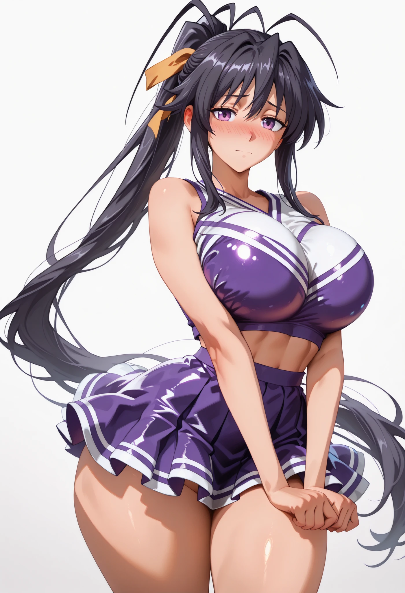 cowboy shot of ((large breast)), ((Thicc)), (()), (wide hips), 1girl, akeno himejima, long hair, black hair, ribbon, very long hair, purple eyes, hair ribbon, ponytail, antenna hair, looking at viewer, shiny skin, shiny hair, shiny body, clear body, nose blush,, POSING,, DYNAMIC POSE,,, NICE LEGS, COWBOY SHOT, ,, TIGHT CLOTHES, covered breasts, , , thick thighs , soft glossy skin , detailed shading , soft light , realistic anime style , ultra-detailed , 8k , masterpiece , highly detailed ,, , VIEW FROM FRONT , , ,, hourglass figure , large bust and wide hips ,, , OPAQUE CLOTHES , covered breasts , ,,white background, empty background, ,,. ,,, DYNAMIC POSE, ,,,cheerleader,cheerleader,,cheerleader,cheerleader,,cheerleader,,,,cheerleader,,,cheerleader,,,cheerleader,,cheerleader,,,cheerleader,,cheerleader,