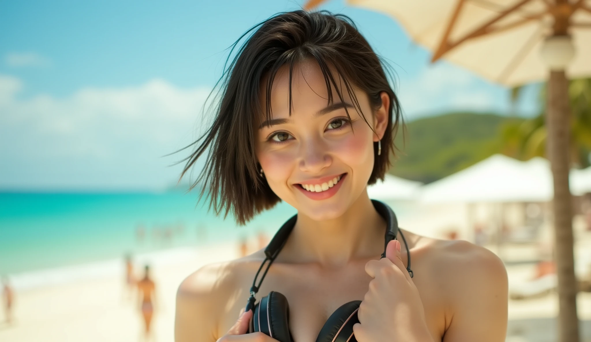 A beautiful young woman with short wet black hair smiling brightly at the camera, wearing a black bikini and headphones around her neck. She stands on a sunny beach with turquoise blue sea and white umbrellas in the background. The atmosphere is lively, summery, and full of joy. The sunlight reflects softly on her glowing skin, creating a radiant and cheerful vibe. Ultra realistic, cinematic beach portrait, golden sunlight, bokeh background, 4K detail.