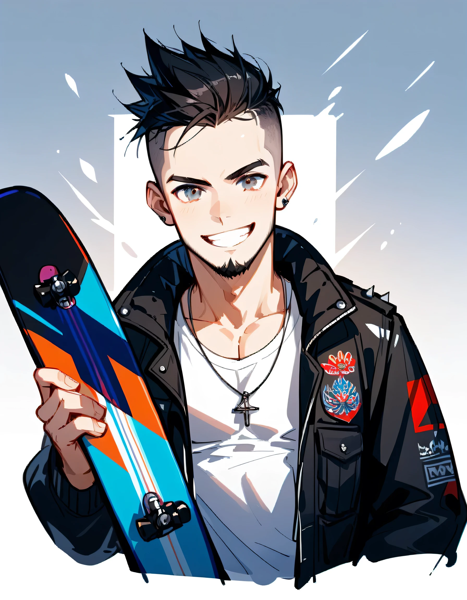 frontview,(dynamic standing side holding snowboard),upperbody,ski resort, slalom, flashy snowboarder's clothing and cargo pants,middle-man,40years old,(The face of an old man with dignity),man's eyes,man's nose,grin,(black short spiked hair),forehead,sidecut,undercut,beard,(manga style,sketch)