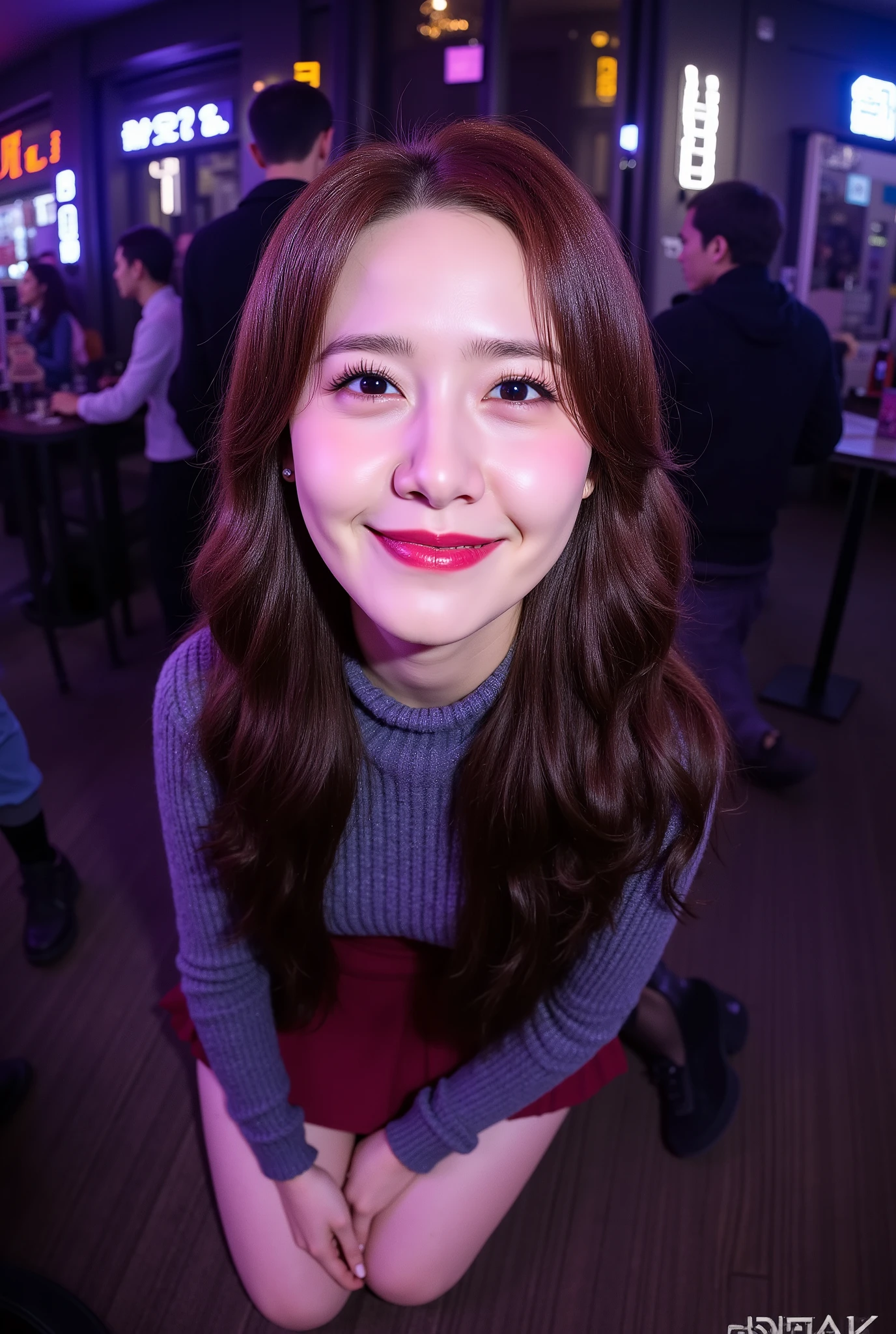 makeup, (Face-focus:2), (8mm Fisheye lens:3), fisheye curvature applied to her face eyes chin and lips, extreme wide-angle distortion, warped perspective, curved lines, 180° field of view, Yoona in a high angle face close-up, bright makeup, laughs with her teeth visible, plump and fleshy lips covered with deep purple lipstick, her head tilted back and her chin pushed forward, her protruding, oversized chin that is exaggerated by fisheye lens dominates the frame, her face distorted by fisheye perspective, oversized chin and lips exaggerated by fisheye lens distortion, kneeling with her knees on the floor in a crowded sleazy bar, looking directly at the viewer, long wavy flowing hair with a fringe and long extensions added for volume with the ends curled into luscious waves that cascade down her back, her eyes are smothered in vibrant blue eyeshadow with dramatic winged eyeliner, leaning on both her hands that are concealed between her toned thighs, outrageously long and voluminous lash extensions, long neck, peach blush on her cheeks, black mascara, night, bright artificial lighting, grey turtleneck sweater, short red pleated skirt.
BREAK
masterpiece, best quality, high resolution, ultra-detailed, volumetric lighting, detailed hair, detailed eyes, detailed face within fisheye distortion, features distorted by extreme wide-angle perspective, exquisitely rendered, dramatic shading, subsurface scattering, score_9, score_8_up, score_7_up