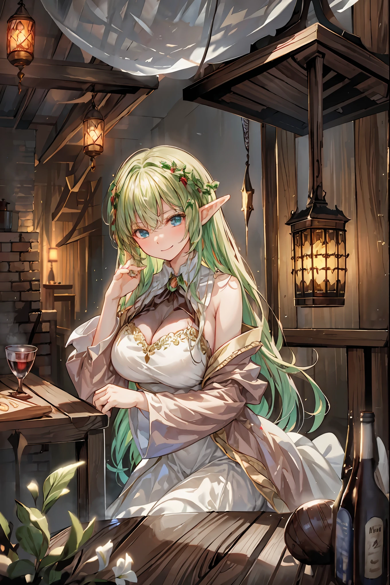 Elf's Tavern、Magical Liquor、Soothing the Soul、Elven Prank,
High quality 4K、photo real、ディテール溢れる魔幻的なElf's Tavern、Lots of Glasses on the Table、Shiny Wooden Interior、Warm Chandelier Lighting、Warm Atmosphere Where Elves Gather and Relax、Mr.々な種類のMagical Liquor、 whiskey、wine、cocktail、Fantastic Flickering Spells、Elf's Graceful Manners and Smiles、Healing Scenery to Purify the Soul、秘密の小道具をこっそりと操るElven Prankっぽい表情、Masterpiece、Superb 3D Rendering