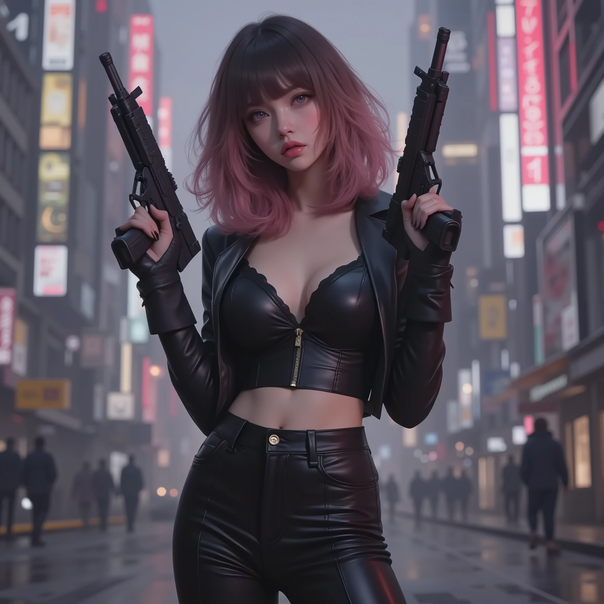 Photorealistic、realistic skin texture、tight cyberpunk fashion、Fluffy Shoulder-Length Hair、dim cyberpunk city、beautiful pink eyes、pink hair、Assault Rifles that can handle 2 at the same time