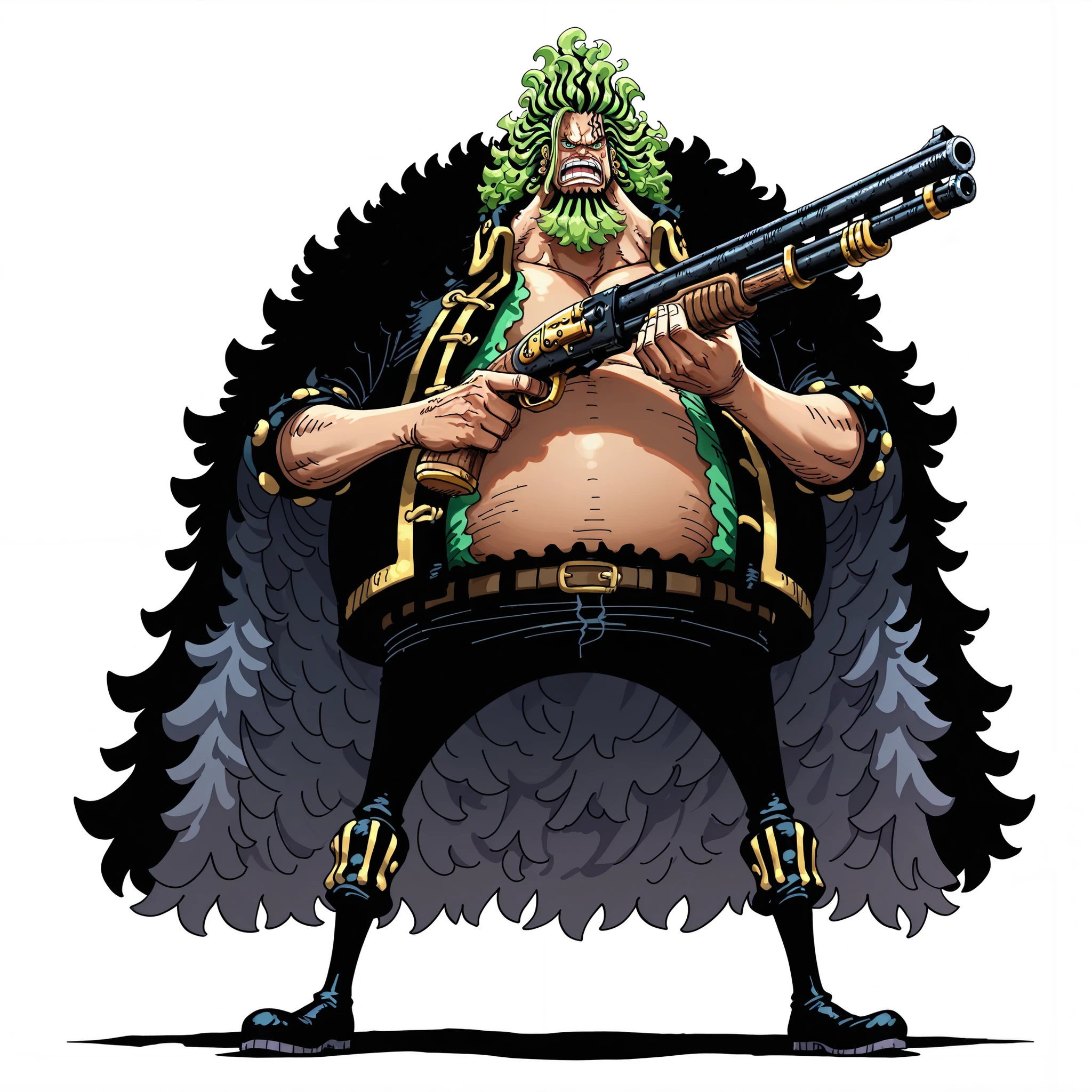 (male), (man), (short legs), (large arm), (very fat body), (green eyes), (green hair), beard, (giant body), (giant character), (serious face), (commanding pose), (holding one shotgun), (solo), (single character), (full body version), (white background), (no background), (highly detailed), (shadow), (standing pose), (natural light), (detailed outfit), (detailed hand), (detailed face), (detailed hair)
Wearing a long decorated military commander’s coat with golden trims, formal vest, trousers tucked into tall black boots, imposing flowing cloak. (one piece style art)