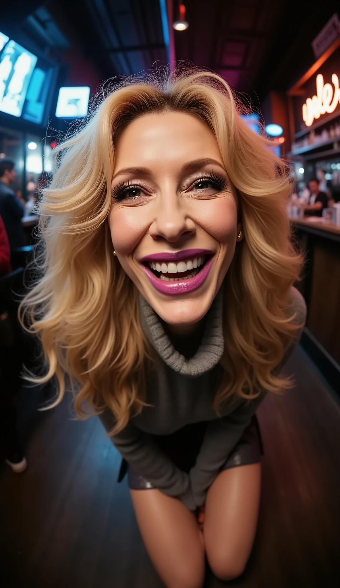 makeup, (Face-focus:2), (8mm Fisheye lens:3), fisheye curvature applied to her face eyes chin and lips, extreme wide-angle distortion, warped perspective, curved lines, 180° field of view, Cate Blanchett in a high angle face close-up, bright makeup, laughs with her teeth visible, plump and fleshy lips covered with deep purple lipstick, her head tilted back and her chin pushed forward, her protruding, oversized chin that is exaggerated by fisheye lens dominates the frame, her face distorted by fisheye perspective, oversized chin and lips exaggerated by fisheye lens distortion, kneeling with her knees on the floor in a crowded bar, looking directly at the viewer, long wavy flowing hair with a fringe and long extensions added for volume with the ends curled into luscious waves that cascade down her back, her eyes are smothered in smoky black eyeshadow with dramatic winged eyeliner, leaning on both her hands that are concealed between her toned thighs, outrageously long and voluminous lash extensions, long neck, peach blush on her cheeks, black mascara, night, bright artificial lighting, grey turtleneck sweater, short pleated skirt.
BREAK
masterpiece, best quality, high resolution, ultra-detailed, volumetric lighting, detailed hair, detailed eyes, detailed face within fisheye distortion, features distorted by extreme wide-angle perspective, exquisitely rendered, dramatic shading, subsurface scattering, score_9, score_8_up, score_7_up